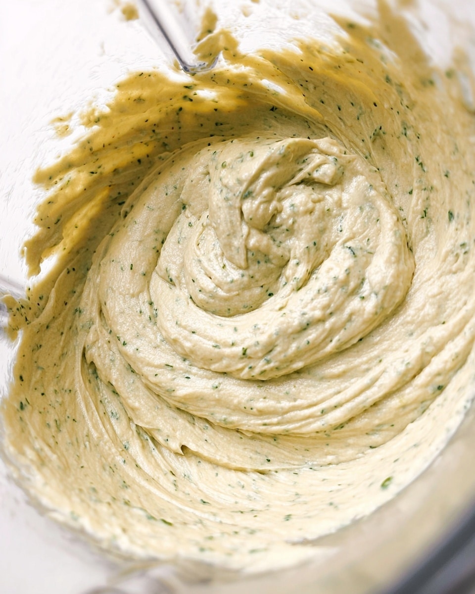 A close-up view of a single creamy pale yellow-green layer of thick, whipped mixture speckled with green herbs, sitting inside a clear blender or food processor container, showing its textured surface with soft peaks and swirls pressed against the sides. The background is a white marbled texture. Photo taken with an iphone --ar 4:5 --v 7