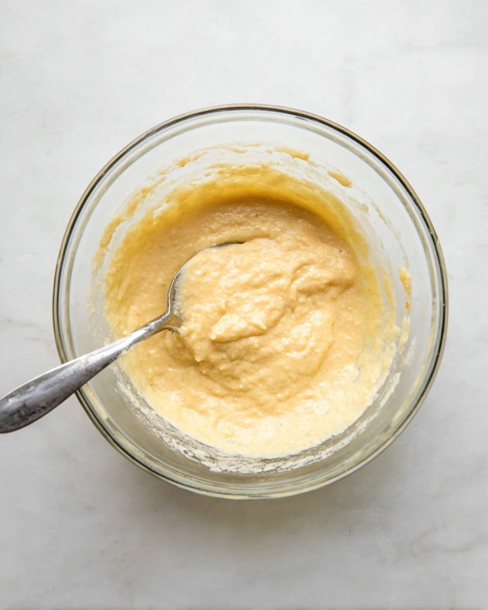 A clear glass bowl sits on a white marbled surface, filled with a creamy, light yellow batter that has a slightly lumpy texture. A silver spoon is placed inside the bowl on the left side, partially dipped into the batter, showing some detail in the mixture's thick but smooth consistency. The batter layer fills about half of the bowl, with some residue clinging to the inner sides of the glass. Photo taken with an iphone --ar 4:5 --v 7