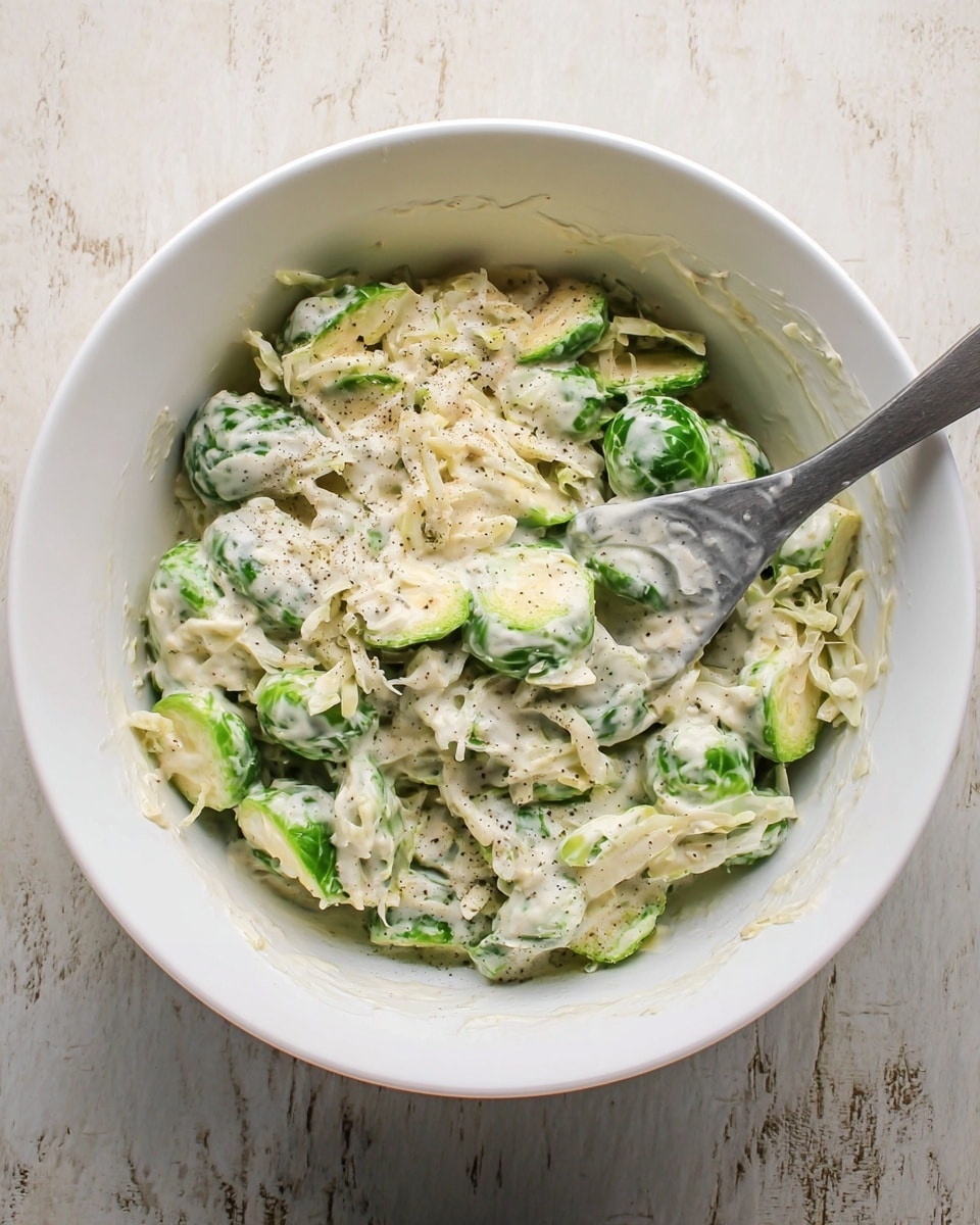 A white bowl filled with a mixture of halved green Brussels sprouts and shredded white cabbage covered in a creamy, white sauce speckled with black pepper. The mixture shows a thick, smooth texture with the Brussels sprouts adding a fresh green color, layered evenly throughout. A gray spoon with traces of the sauce is placed inside the bowl, resting against the side. The bowl is set on a white marbled textured surface. photo taken with an iphone --ar 4:5 --v 7