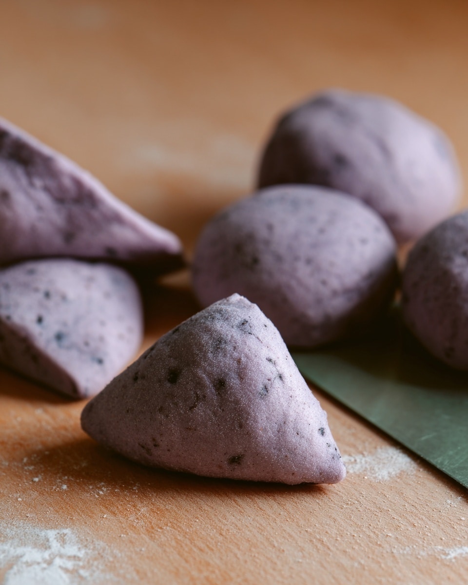 The image shows several small pieces of dough on a light brown wooden surface with a white marbled texture background. The dough pieces are purple in color with small dark spots and have a smooth, slightly bumpy texture. There are round dough balls and triangular folded pieces, all with a soft and slightly matte finish. A green scraper tool is placed on the wooden surface near the dough, adding some contrast to the image. The scene is softly lit, focusing on the dough pieces with a shallow depth of field, making the background softly blurred. photo taken with an iphone --ar 4:5 --v 7