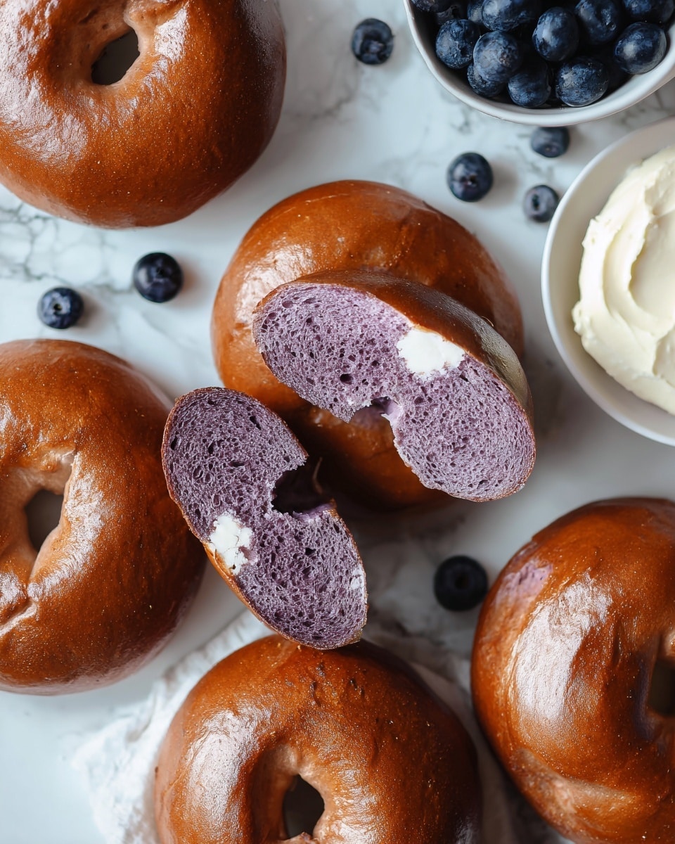 The image shows several round bagels with a shiny brown crust placed on a white marbled surface. One bagel is split open in the middle, revealing a soft, light purple inside with a spongy texture. Scattered around the bagels are fresh blueberries, adding small pops of dark blue color. In the corner, there is a white bowl filled with whole blueberries and a white plate with a smooth, pale cream spread on it. The colors focus on warm brown, light purple, and blue tones with smooth and textured contrasts photo taken with an iphone --ar 4:5 --v 7