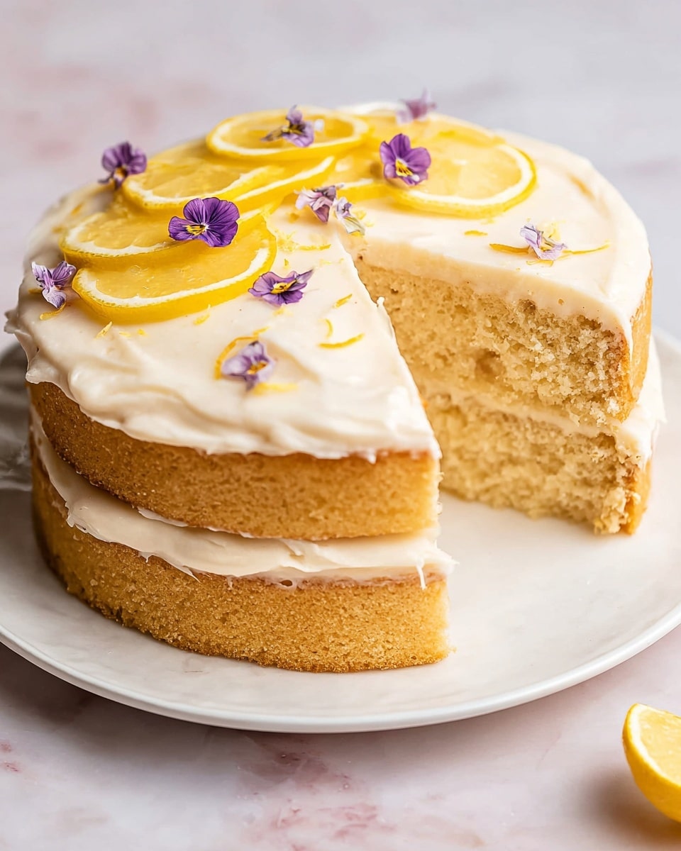 A two-layer cake with light golden sponge visible in the middle and bottom layers, both separated by creamy white frosting. The top layer is fully covered in smooth, thick white frosting with a soft texture. On one side of the cake, there are several thin, round slices of yellow lemon placed neatly, topped with small purple edible flowers. A single slice is taken out, showing the soft, airy texture of the sponge and the even spread of frosting between layers. The cake sits on a white plate with a white marbled surface background. Photo taken with an iphone --ar 4:5 --v 7