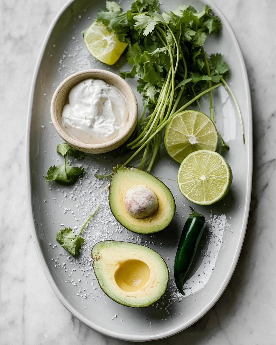 The image shows a long, white oval plate resting on a white marbled surface. On the plate, there is a small beige bowl filled with thick white cream placed near the top left. Next to the bowl, several bright green cilantro stems with leafy tops spread out across the plate. Two lime halves, one positioned near the top right and the other near the middle left, show fresh, juicy pulp with some moisture. Near the bottom center are two avocado halves: one with its large seed intact, showing creamy light green flesh, and the other without the seed, displaying a smooth hollow. A small dark green jalapeño pepper lies beside the avocado halves. Coarse salt grains are sprinkled across the plate, adding texture. Photo taken with an iphone --ar 4:5 --v 7