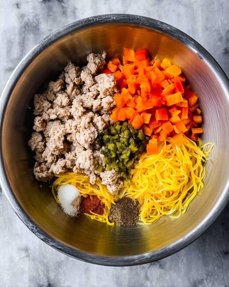 The image shows a large silver mixing bowl on a white marbled surface. Inside the bowl, there are five distinct sections of ingredients. At the top left, there is light beige ground meat with a crumbly texture. Next to it on the top right is a pile of small, chopped orange bell peppers. Below the bell peppers, there is a heap of thin, yellow, spaghetti-like strands of squash. In the center, there is a small mound of greenish chopped pickles. Near the ground meat on the left side, there are small piles of three visible powdered spices in dark brown, light brown, and white colors. photo taken with an iphone --ar 4:5 --v 7