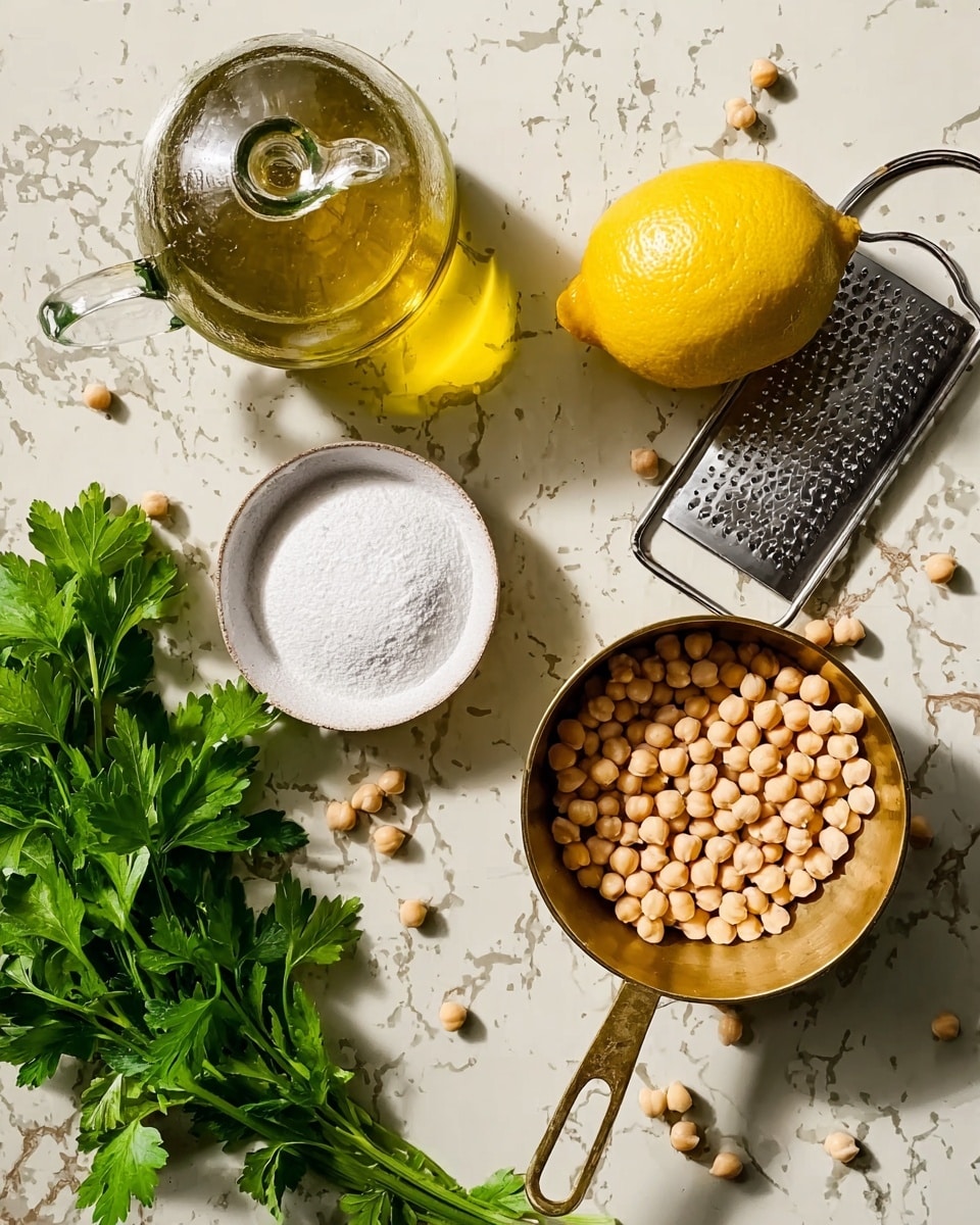 The image shows a white marbled surface with a glass bottle of golden oil on the left, a small white bowl filled with white powder, a brass measuring cup filled with small round beige chickpeas in the center, a bright yellow lemon resting on a metal grater near the top, and a bunch of fresh green parsley on the right. The items are arranged neatly with small scattered chickpeas near the parsley. photo taken with an iphone --ar 4:5 --v 7