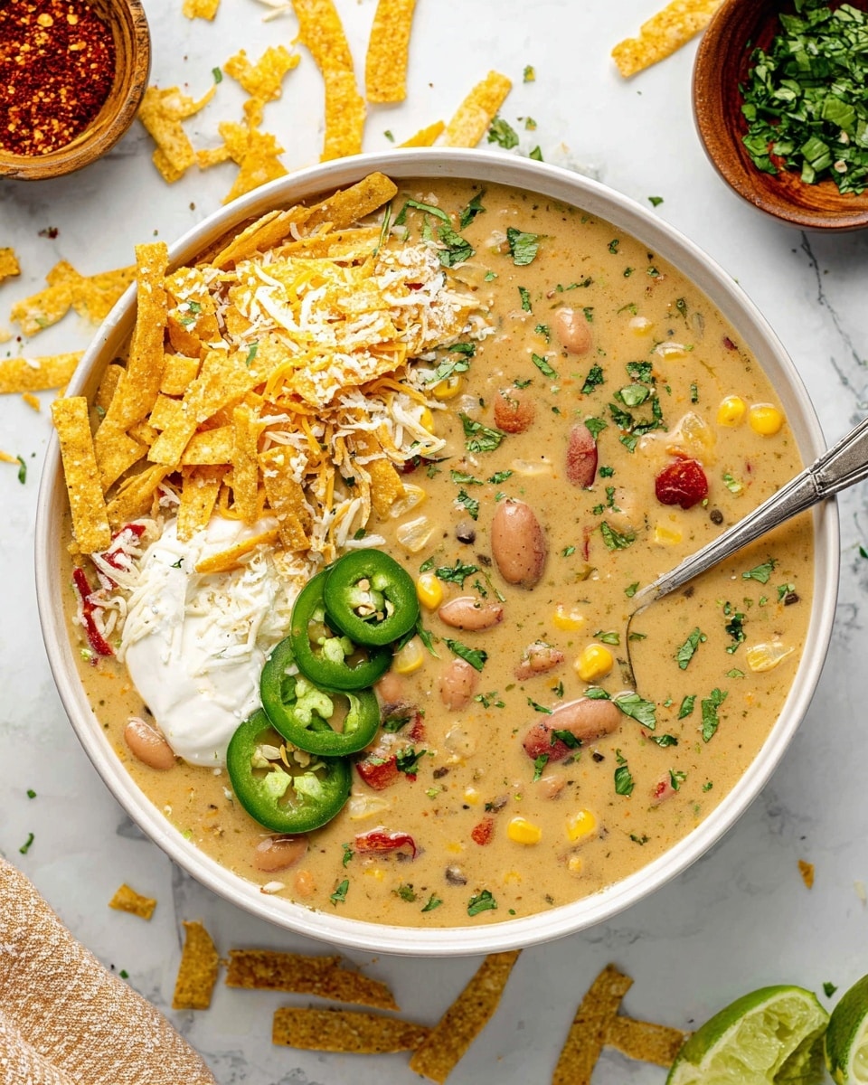A white bowl filled with creamy soup that has a light beige color dotted with small beans, pieces of red peppers, green herbs, and tiny bits of corn. On the left side of the bowl, there is a dollop of white sour cream topped with yellow crispy tortilla strips layered casually and a sprinkle of crumbly white cheese. Next to the sour cream, there are three fresh green jalapeño slices laid out in a row. A silver spoon is placed inside the bowl on the right side. The bowl is set on a white marbled surface with scattered tortilla strips and a lime wedge near the bottom right. Some wooden bowls with red spices and fresh green herbs are partially in the corners. Photo taken with an iphone --ar 4:5 --v 7