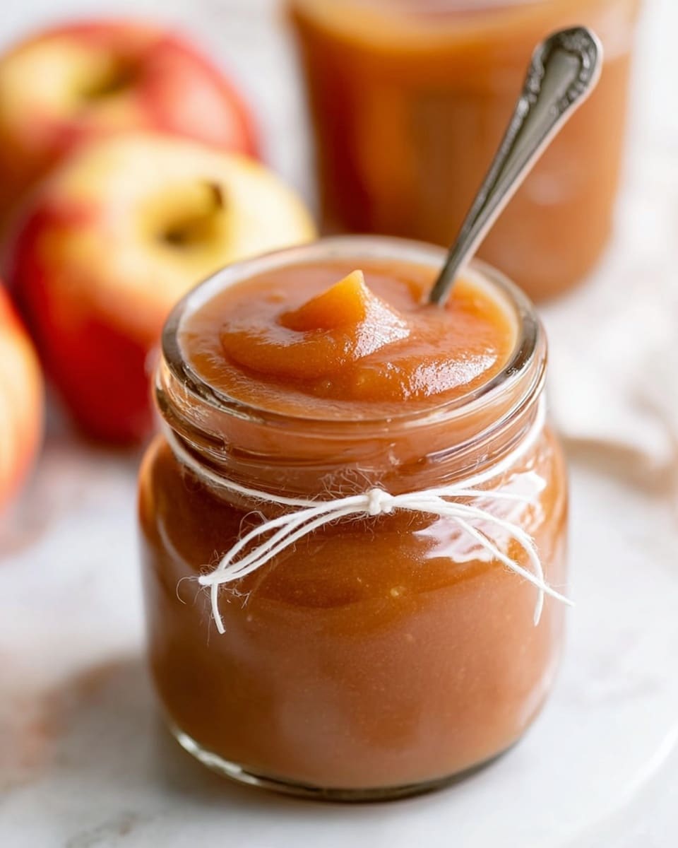 A clear glass jar filled with smooth, thick apple sauce that is orange-brown in color, tied with a simple white string around the jar’s neck. The sauce sits slightly above the jar rim with a small swirl on top where a silver spoon is standing in it. The jar is placed on a white marbled surface, with blurred apples and another jar of apple sauce in the soft background. The overall look is fresh, cozy, and inviting, showing a simple homemade feel. photo taken with an iphone --ar 4:5 --v 7