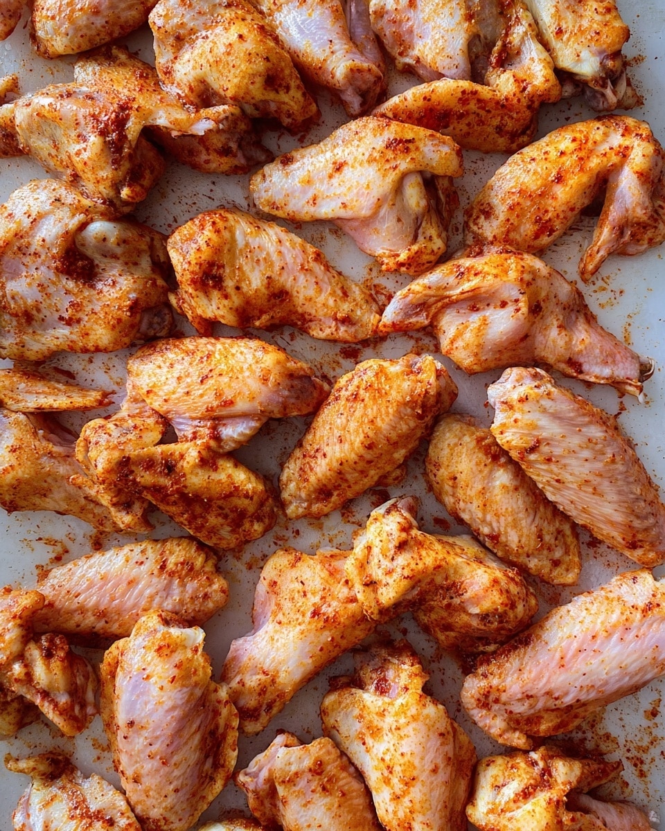 A close-up view of many raw chicken wings spread evenly on a flat white marbled surface, each wing covered in a layer of reddish-brown seasoning that gives a textured look with tiny specks of spices, showing both lighter and darker areas on the skin and meat. The wings' skin is smooth but slightly wrinkled, with a mix of pinkish-white and golden-brown tones from the seasoning, creating a rich and appetizing visual contrast. photo taken with an iphone --ar 4:5 --v 7