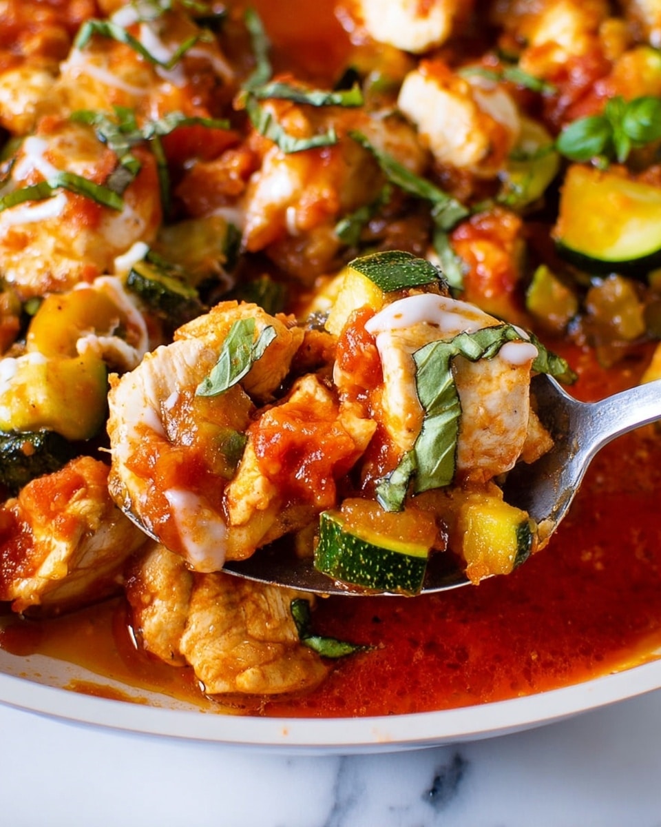 The image shows a close-up of a cooked dish with three main layers: chunky cooked chicken pieces on top that are light brown with some white sauce drizzled, a thick red tomato-based sauce underneath mixed with small green and yellow zucchini pieces, and fresh chopped basil leaves scattered on top adding green color. A silver spoon is scooping a portion from a larger white bowl, capturing all the layers together. The background is a clean white marbled surface. Photo taken with an iphone --ar 4:5 --v 7