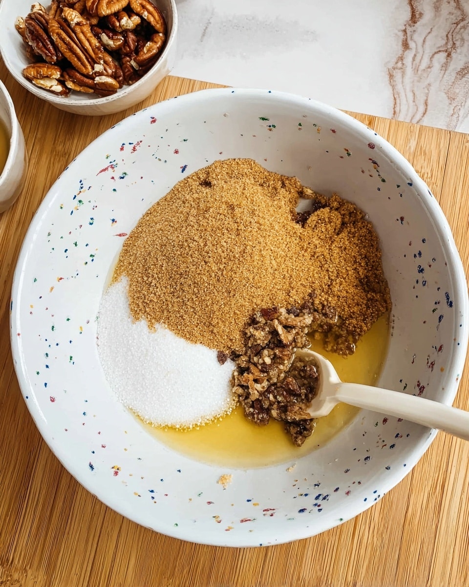 A white bowl with small colorful specks holds several ingredients at rest; at the bottom there is a light yellow melted butter layer on the right side, topped with a large heap of light brown sugar piled mostly in the center, a smaller mound of white sugar towards the left, and some darker brown sugar clustered at the bottom right. A white spatula rests inside the bowl on the left side. In the background, there is a white bowl filled with chopped pecans on a wood-textured surface replaced by a white marbled one. photo taken with an iphone --ar 4:5 --v 7