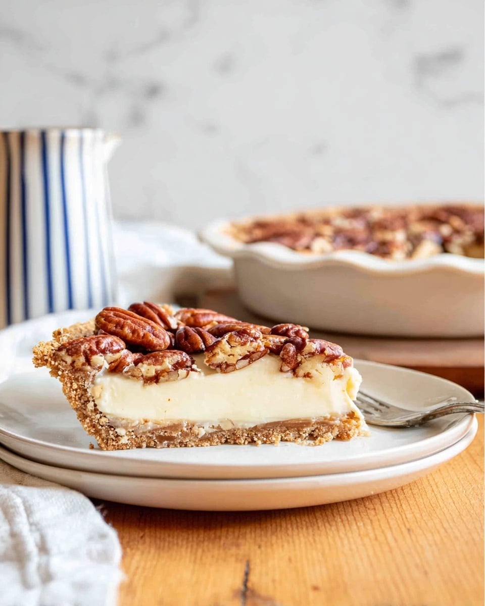 A slice of pie sits on a white plate with three visible layers: a crumbly light brown crust at the bottom and edges, a smooth creamy off-white middle filling, and a top layer of whole pecan nuts that are shiny and slightly brown. The plate is on a wooden surface with a white marbled texture background. In the back, there is a full pie with the same pecan topping in a baking dish and a white jug with blue stripes. The scene is softly lit, showing a cozy kitchen vibe. Photo taken with an iphone --ar 4:5 --v 7