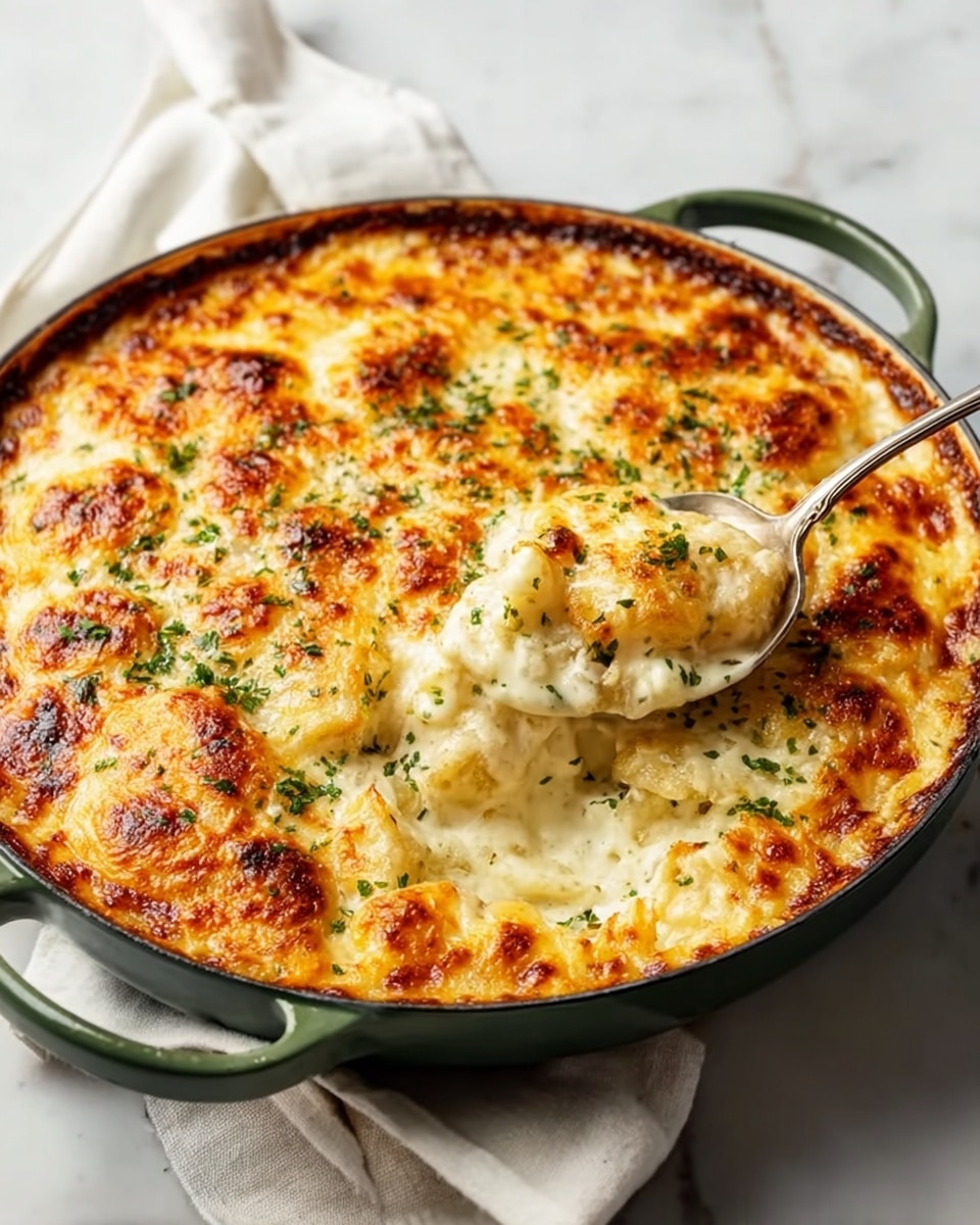 A round, green pan filled with a creamy, golden-brown baked dish that is topped with melted cheese and sprinkled with green herbs. A spoon is scooping a portion from the side, showing a layered inside of tender white and light golden pieces mixed in a smooth sauce. The pan is placed on a white marbled surface with a white cloth partly visible in the background. Photo taken with an iphone --ar 4:5 --v 7