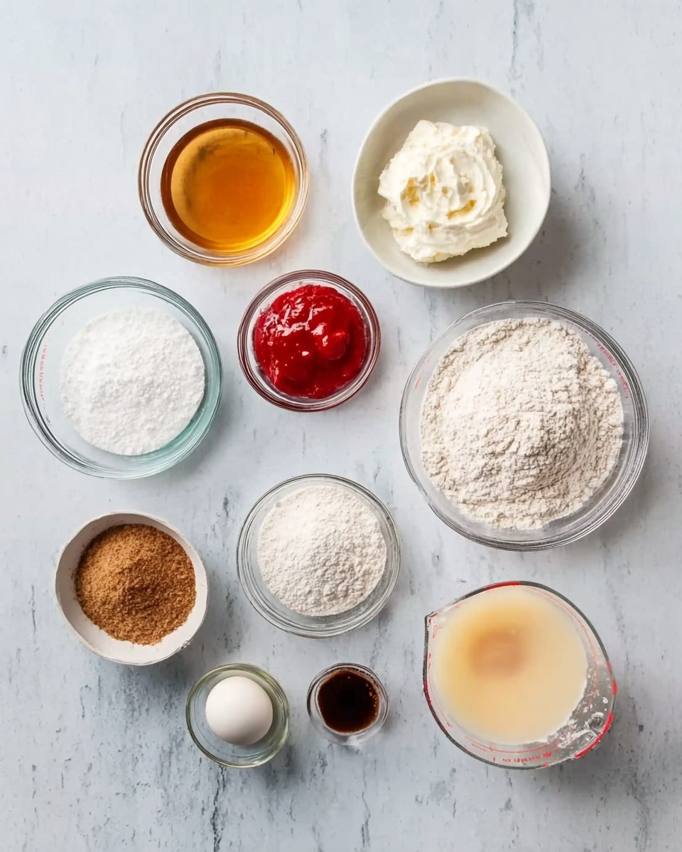The image shows nine clear glass bowls and a white bowl arranged on a white marbled surface, each bowl holding a different cooking ingredient. From the top left to bottom right, there's a small bowl with light brown liquid, a white bowl with a dollop of thick white cream, a white bowl full of white powder, a small bowl with thick red sauce, a smaller bowl holding fine white powder, a bigger bowl filled with brown flour, a tiny bowl with a dark liquid, a bowl with a cracked raw egg, and lastly, a measuring cup with light beige liquid. The overall scene is bright and clear, showing all ingredient colors and textures from above. photo taken with an iphone --ar 4:5 --v 7