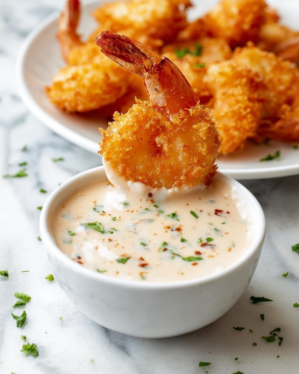 A white small bowl is filled with creamy, light beige dipping sauce that has visible specks of green herbs and red spices. A single golden-brown, crispy fried shrimp is dipped halfway into the sauce, with its tail sticking out. In the background, several more pieces of the same fried shrimp are placed on a white plate. The whole setup sits on a white marbled surface with scattered small green herb bits around. Photo taken with an iphone --ar 4:5 --v 7