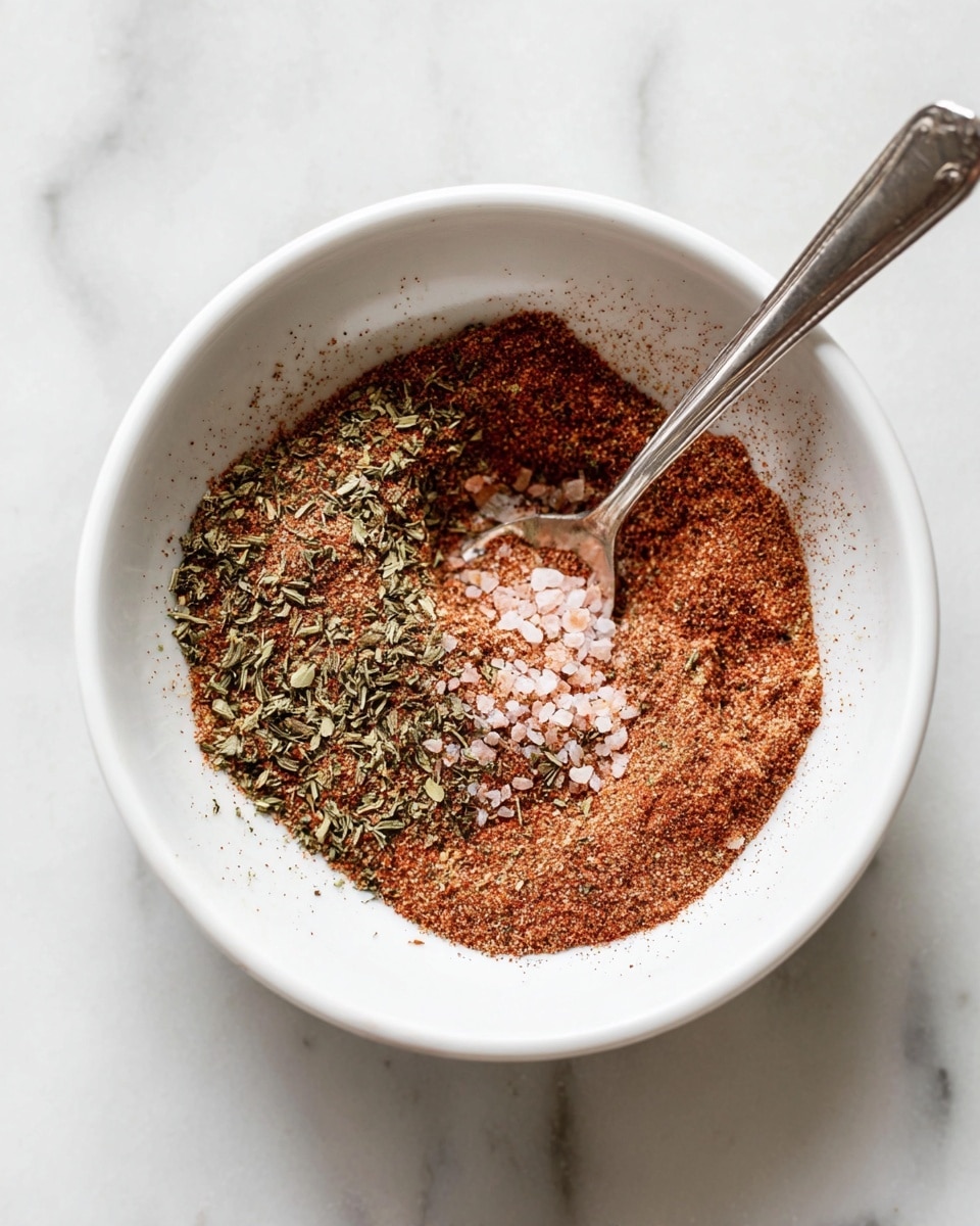 A white bowl filled with a mix of dry spices showing three main layers: a fine reddish brown powder spread evenly, coarse pink salt grains scattered on it, and small green herb pieces layered on top and around the edges. A silver spoon rests inside the bowl, partially covered with the spice mix. The bowl sits on a white marbled surface. photo taken with an iphone --ar 4:5 --v 7