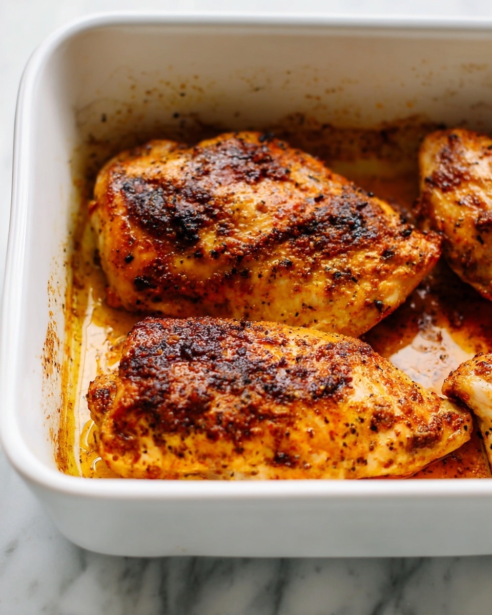 The image shows three large chicken pieces in a white baking dish. The chicken is golden brown with dark brown spots, showing a crispy, slightly charred texture from spices and cooking. The pieces are coated with a thin layer of oil and seasoning, pooling slightly at the bottom of the dish. The white baking dish sits on a white marbled surface, and the photo is focused closely on the chicken's juicy and cooked surface. photo taken with an iphone --ar 4:5 --v 7