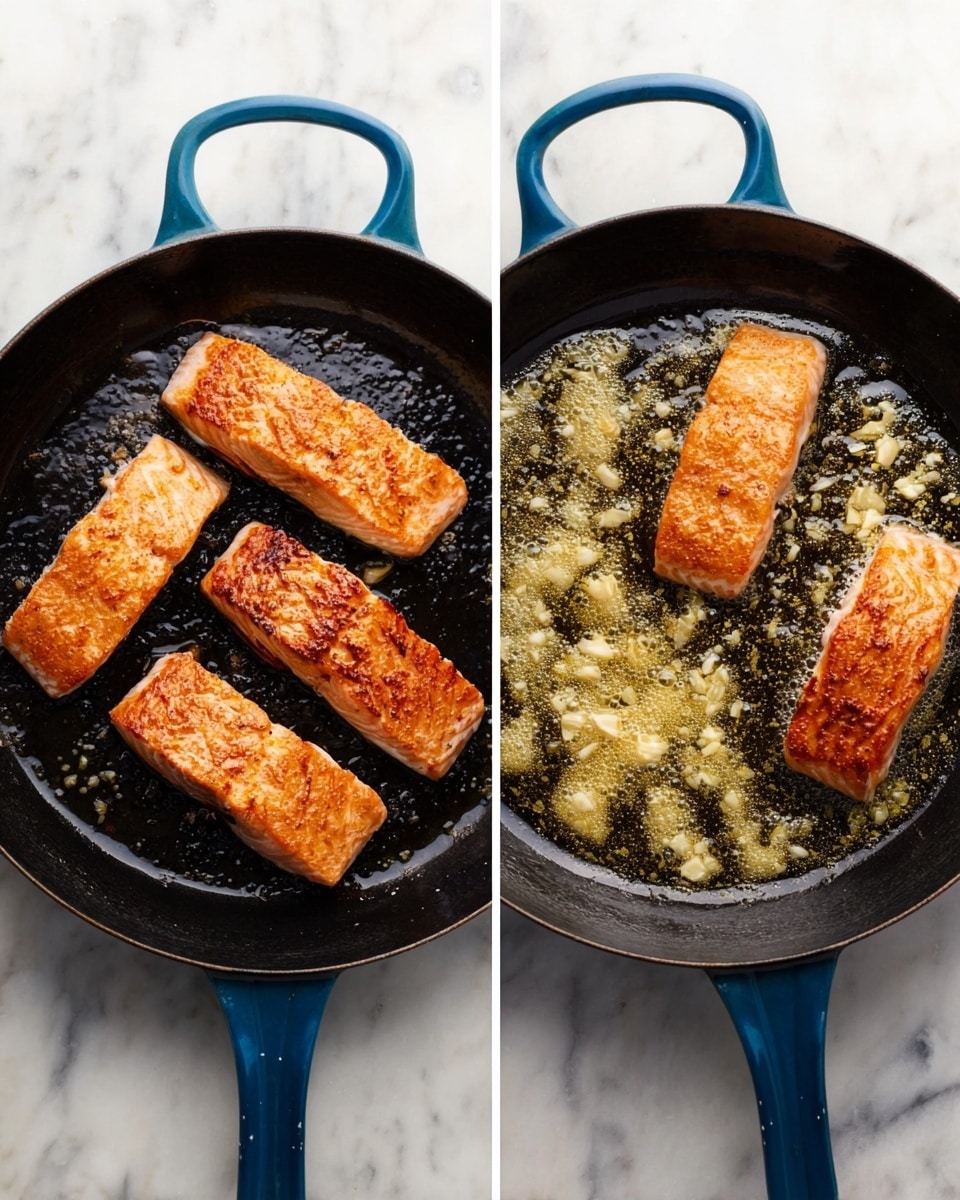 The image shows a blue-handled black cast iron pan placed on a white marbled surface. On the left side, there are four pieces of cooked salmon fillets in the pan, arranged in two rows with two pieces on top and two on the bottom. The salmon is golden brown with a slightly crispy texture and visible grill marks. On the right side, the same pan contains melted butter with four small pieces of garlic scattered in it. The butter is bubbly and has a shiny, oily surface with swirling patterns. Photo taken with an iphone --ar 4:5 --v 7