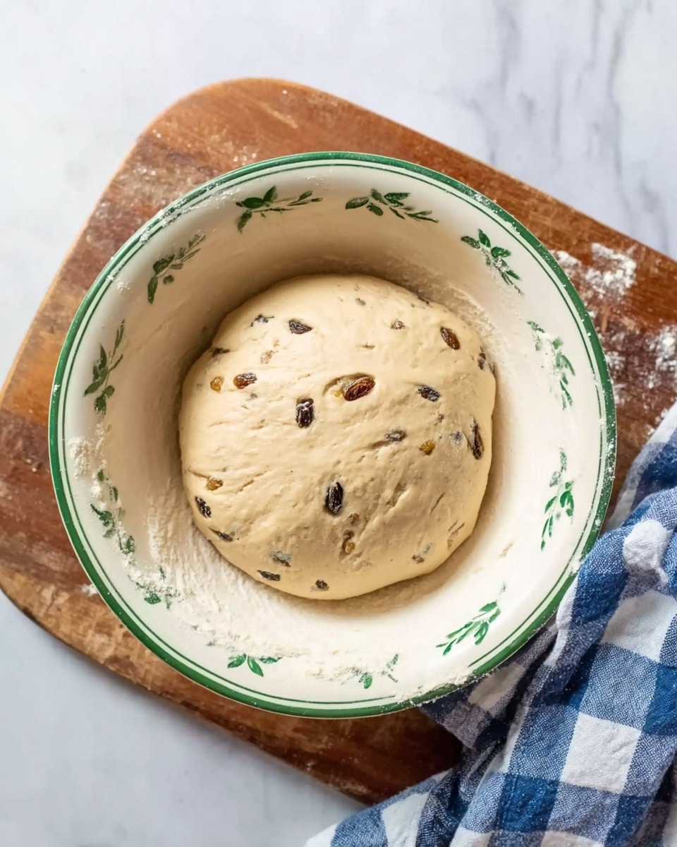 A white bowl decorated with green leaves around the inside edge holds a soft, light beige dough with small dark brown raisins mixed in, placed in the center of the bowl. The bowl sits on a wooden board that rests on a white marbled surface, with a blue and white checkered cloth partially visible to the side. The dough looks smooth and slightly puffy. Photo taken with an iphone --ar 4:5 --v 7