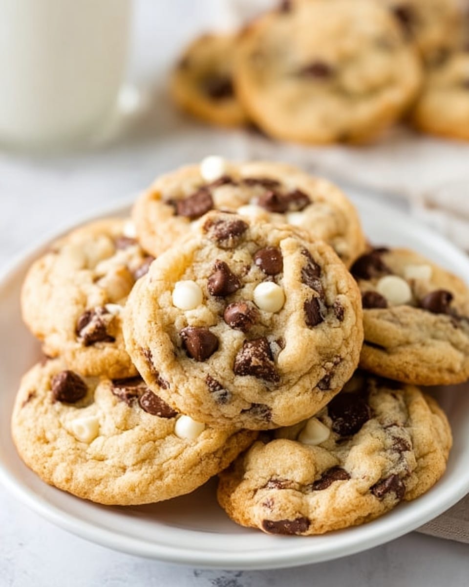 A white plate filled with soft chocolate chip cookies piled on top of each other, each cookie showing a rough texture with visible chocolate chips in dark brown and white colors scattered evenly throughout. The cookies have a golden brown color around the edges and a lighter dough color in the middle, creating a warm and inviting look. In the background, more cookies are slightly blurred on a white marbled surface, adding depth to the image. Photo taken with an iphone --ar 4:5 --v 7