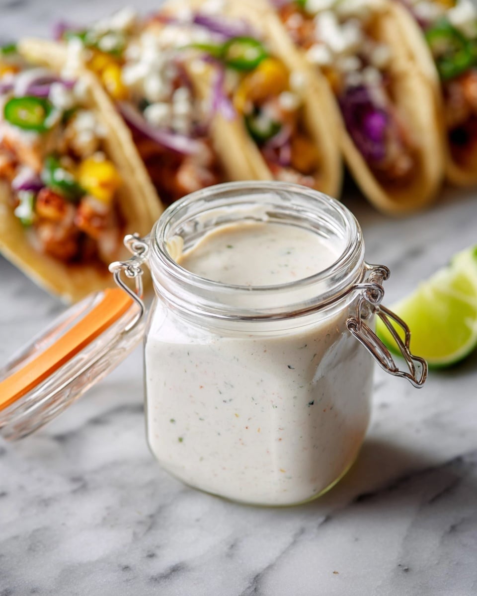 A clear glass jar with a metal clasp and an orange rubber seal holds a creamy, off-white sauce with specks of spices, overflowing slightly on one side near the jar opening; in the soft-focus background, three tacos rest on a white marbled surface, each taco filled with layers of light beige tortilla, golden-brown cooked pieces, small bright yellow chunks, deep green sliced jalapeno, purple cabbage shreds, and white crumbly cheese, garnished with a lime wedge on the side photo taken with an iphone --ar 4:5 --v 7
