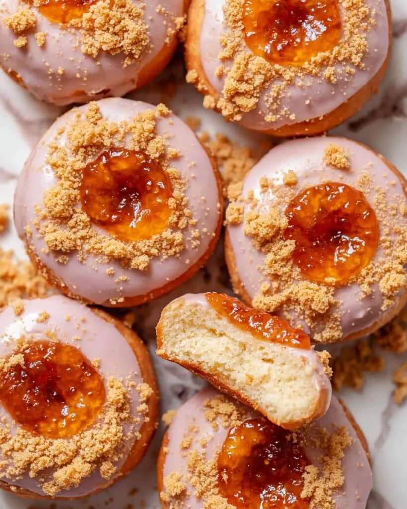 Peach Cobbler Donuts with Cinnamon Peach Filling, Crumble, and Vanilla Glaze Recipe