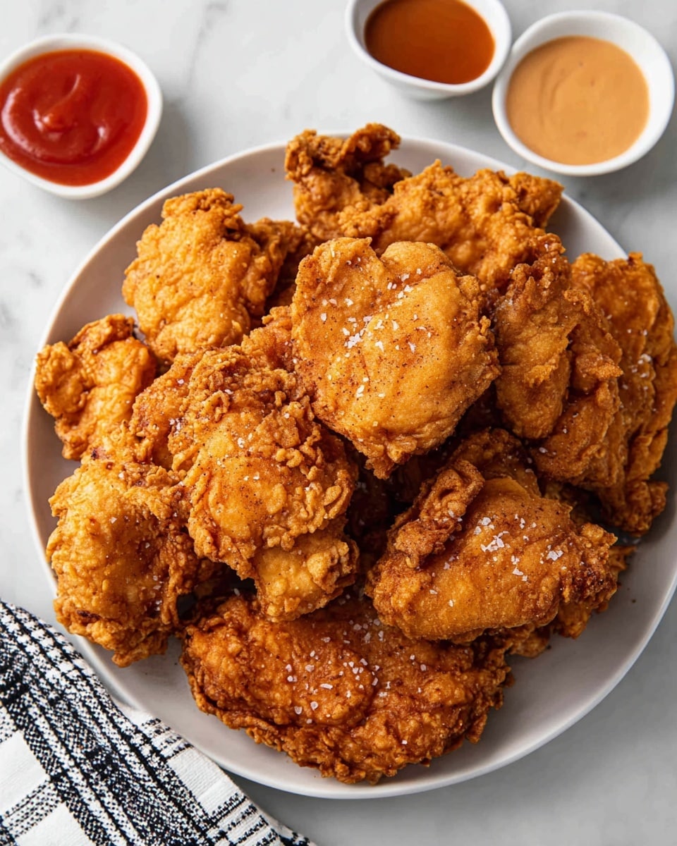 A white plate is filled with a pile of crispy fried chicken pieces, each golden brown with a rough, crunchy texture and lightly sprinkled with coarse salt. The pieces vary in size and shape, layered in a heap with some darker and crunchier edges visible. Around the plate on a white marbled surface, two small white bowls hold smooth sauces — one a bright red sauce and the other a light tan sauce. A white cloth with a black checkered pattern is partially visible at the bottom left of the image. photo taken with an iphone --ar 4:5 --v 7