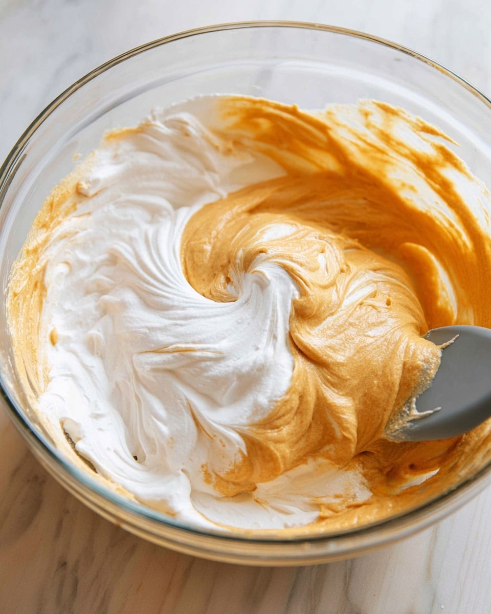 The image shows a clear glass bowl containing two main layers being mixed together: a thick, smooth orange layer and a fluffy white layer. These layers create a swirling pattern as they blend, with the white layer sitting more on top while the orange layer is visible beneath. The texture of the orange layer looks creamy and dense, while the white layer appears light and airy. The bowl sits on a white marbled surface. A gray spatula is partially visible on the right side, blending the two layers gently. Photo taken with an iphone --ar 4:5 --v 7