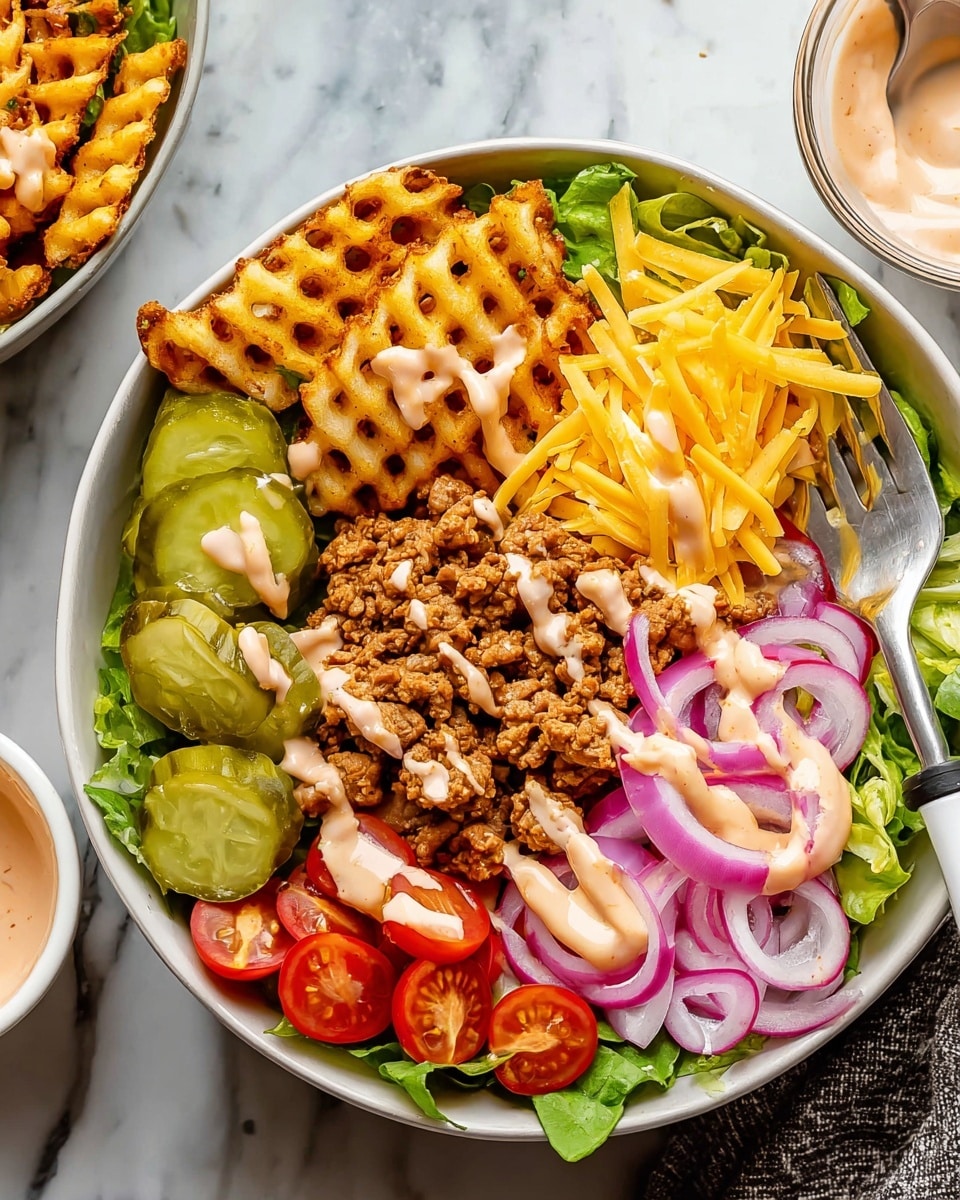 A white bowl sits on a white marbled surface filled with layers of different foods. The base is fresh green lettuce leaves covering the bottom. On one side, there are golden-brown waffle fries stacked together. Next to the fries, bright green pickle slices are arranged. Bright yellow shredded cheese is placed beside the pickles. Next to the cheese, there are thin slices of red onion with a pale pink sauce drizzled over them. Ground cooked meat with a slightly browned texture covers part of the lettuce beside the onions. Cherry tomato halves are placed near the bottom, also drizzled with the same light pink sauce that is spread over the meat and fries. A fork with a white and black handle rests inside the bowl. Photo taken with an iphone --ar 4:5 --v 7