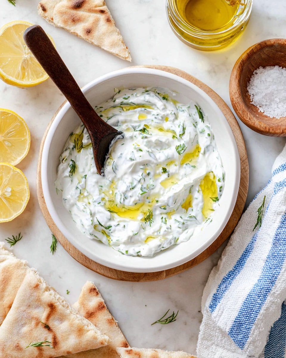 A white bowl filled with creamy white tzatziki sauce, mixed with small green herb pieces, topped with light golden olive oil drizzles, and a dark wooden spoon resting inside; around the bowl are light tan pita bread triangles at the bottom left, lemon wedges at the top, a small jar with golden olive oil at the top right, a small wooden bowl with coarse salt on the left, and a white cloth with blue stripes near the bottom right, all set on a white marbled textured surface. Photo taken with an iphone --ar 4:5 --v 7