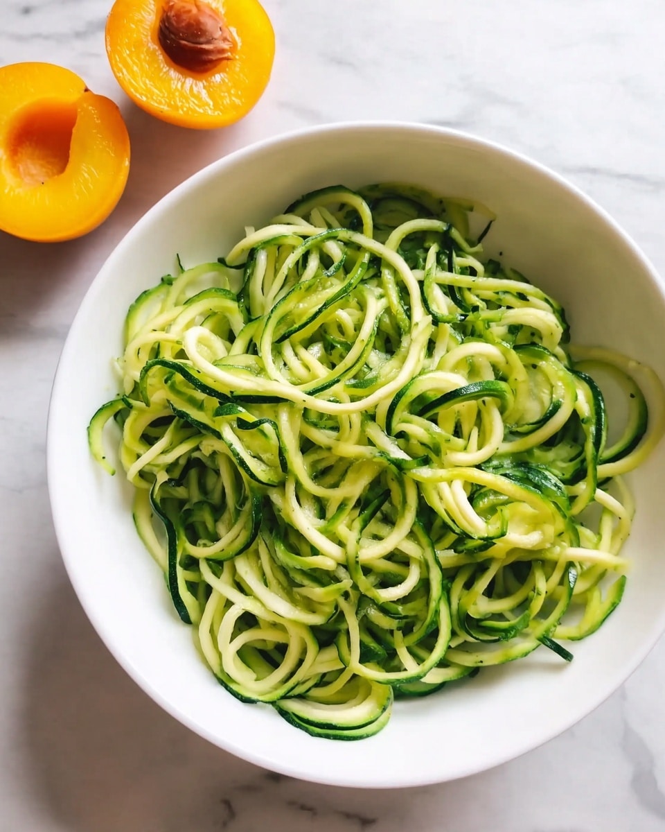 A white bowl filled with light green spiral-shaped zucchini noodles with thin dark green skin edges, placed on a white marbled surface. To the top left corner, there are two halved yellow-orange plums with visible pits. The zucchini noodles fill the bowl completely, showing a fresh and slightly glossy texture. Photo taken with an iphone --ar 4:5 --v 7
