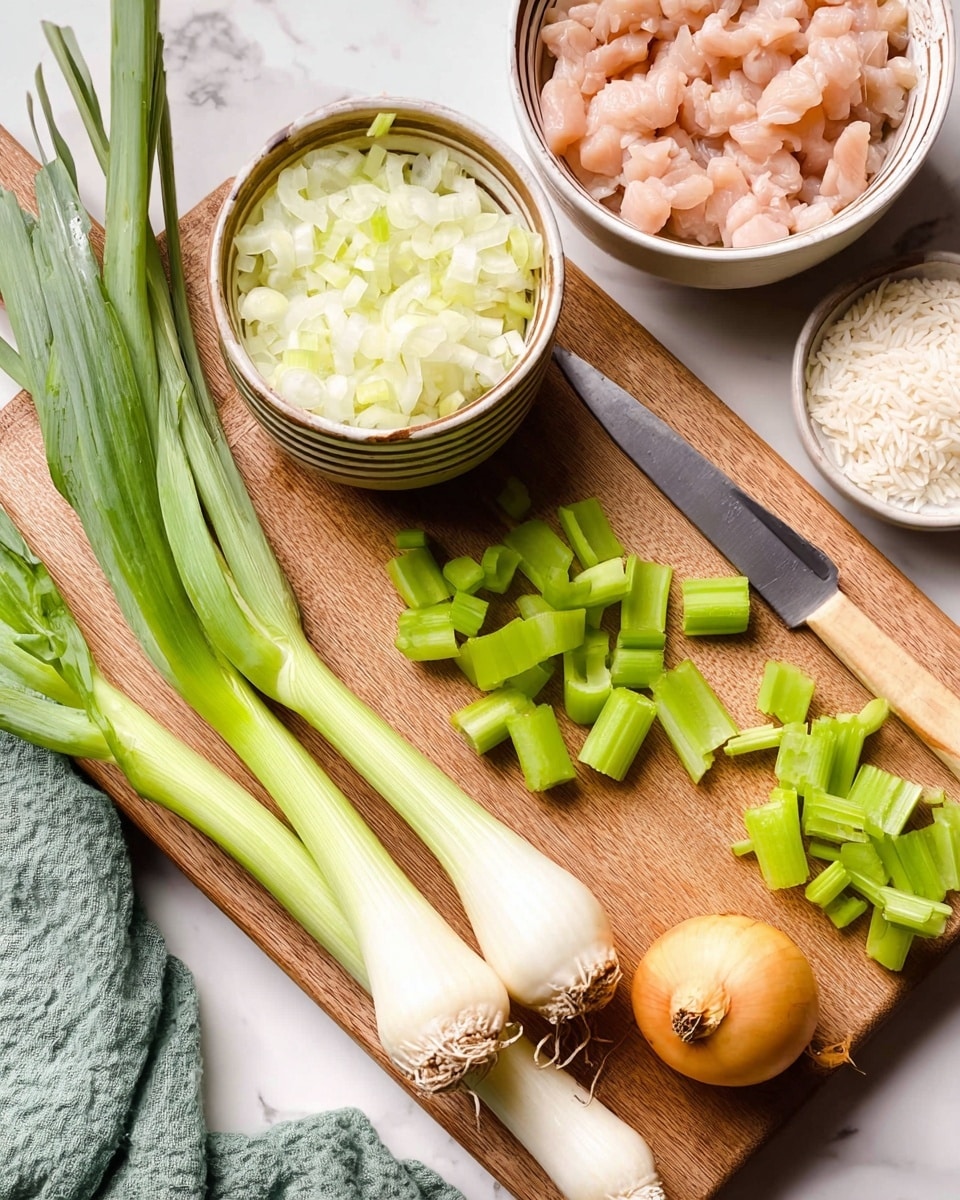 A wooden board sits on a white marbled surface, holding several fresh green onions with white bases and green tops on the left side, and a small, round yellow onion near the center. To the right, there are bright green celery slices scattered around with a knife that has a light wooden handle resting on top. Above the celery, a white bowl with brown stripes around the edge is filled with finely diced white onions. Part of another white bowl filled with chopped light pink chicken pieces is visible at the top right corner, next to a small container of uncooked white rice. A green cloth napkin is partially visible in the bottom left corner. Photo taken with an iphone --ar 4:5 --v 7