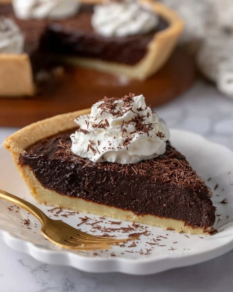 A slice of rich, dark chocolate tart sits on a white plate with a scalloped edge, showing two layers: a thin, light beige crust at the bottom and a thick, dense dark chocolate filling on top. The surface of the filling has some shiny streaks and is topped with a swirl of white whipped cream sprinkled with fine chocolate shavings. The plate is placed on a white marbled surface, and a gold fork lies nearby in the foreground. In the background, the blurred tart remains visible on a wooden board. Photo taken with an iphone --ar 4:5 --v 7