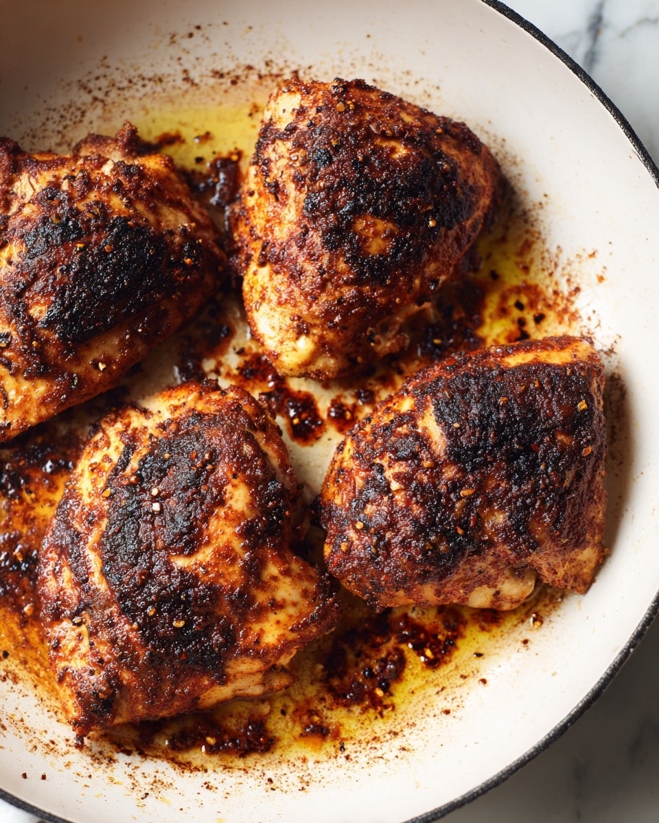 Four cooked chicken pieces lie in a white pan with a black rim, each piece covered with a dark reddish-brown spice crust, showing a mix of charred marks and seasoning. The pan has some oil and spice residue scattered around the chicken, creating a textured, oily surface under the meat. The chicken pieces are arranged close to each other but not touching, with a white marbled background visible outside the pan edge. photo taken with an iphone --ar 4:5 --v 7