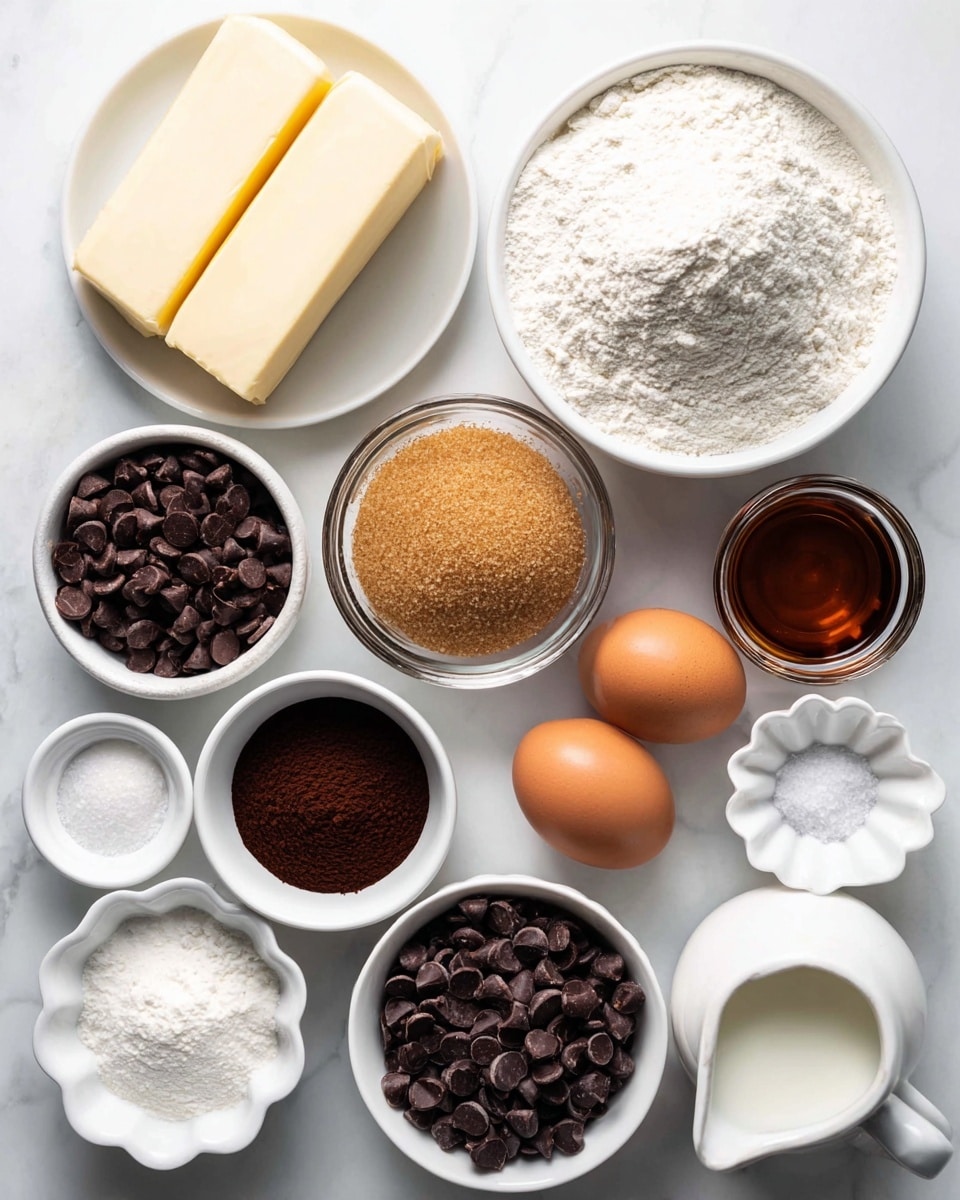 The image shows an overhead view of various baking ingredients arranged neatly on a white marbled surface. There are two rectangular sticks of pale yellow butter on a white plate at the top left. Next to the butter is a large white bowl filled with white flour. Below the flour is a small glass bowl of golden brown sugar packed tightly. To the right of the brown sugar is a small glass bowl with a dark amber liquid, likely vanilla extract. Near the bottom right is a small white pitcher with white milk. Below the milk is a small flower-shaped white bowl with white salt or sugar crystals. To the left, a few small white bowls hold dark brown cocoa powder, white granulated sugar, and white powdered sugar. Two whole brown eggs sit side by side in a shallow white scallop-edged dish near the center. Two white bowls contain dark chocolate chips, one with smaller chips and one with larger chips. The items are spaced evenly and create a colorful contrast of white, brown, and dark chocolate tones. Photo taken with an iphone --ar 4:5 --v 7