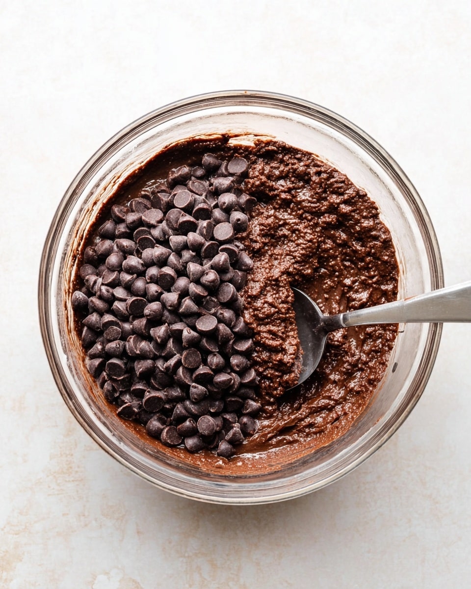 A clear glass bowl holds thick dark brown chocolate batter with a rough texture, sitting on a white marbled surface. One side of the bowl is filled with a mound of small, smooth dark chocolate chips resting on top of the batter. A metal spoon with a silver handle is partially dipped into the batter near the chocolate chips, blending the ingredients. The scene is bright and simple, focused on the rich, creamy chocolate mixture in the bowl photo taken with an iphone --ar 4:5 --v 7
