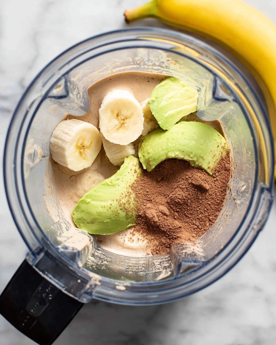 Inside a clear blender jar, there are several layers of ingredients: on the bottom, creamy light beige liquid; on top of that, sliced pale yellow banana pieces scattered mainly on one side; beside the banana slices, two curved bright green avocado slices with smooth texture; dusted across the banana and avocado pieces is a heap of rich brown powder, creating contrast with the lighter colors around it. The blender lid is partially visible at the top with a black base at the bottom, all set on a white marbled surface with a whole yellow banana nearby. photo taken with an iphone --ar 4:5 --v 7