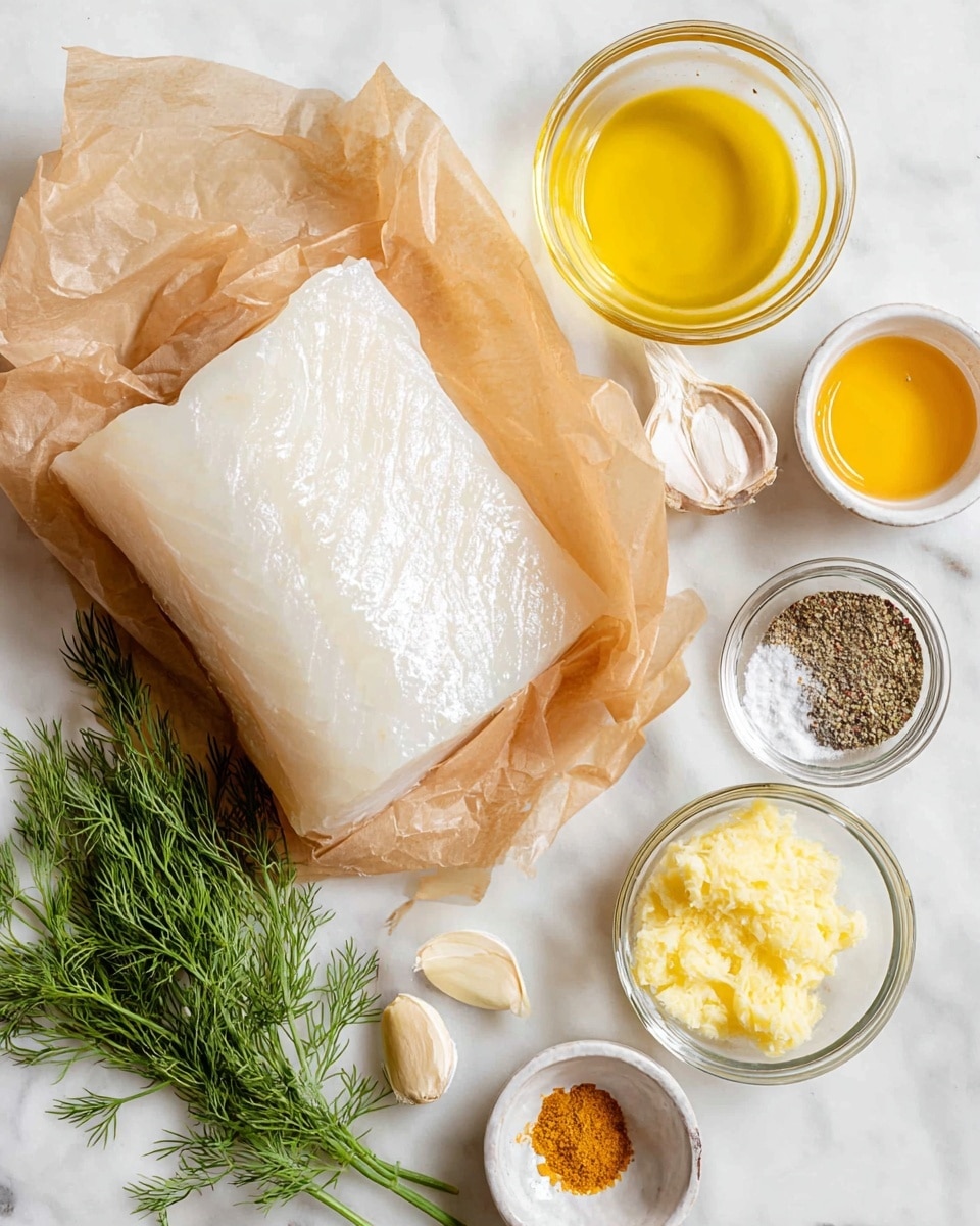 A block of raw white fish with a shiny, smooth texture sits wrapped in clear plastic and brown paper on a white marbled surface, surrounded by small glass bowls containing bright yellow melted butter, golden honey, finely chopped or minced garlic, pale yellow minced ginger, and a white dish with coarse salt and cracked black pepper, along with fresh green dill sprigs placed nearby, all arranged neatly for preparation photo taken with an iphone --ar 4:5 --v 7