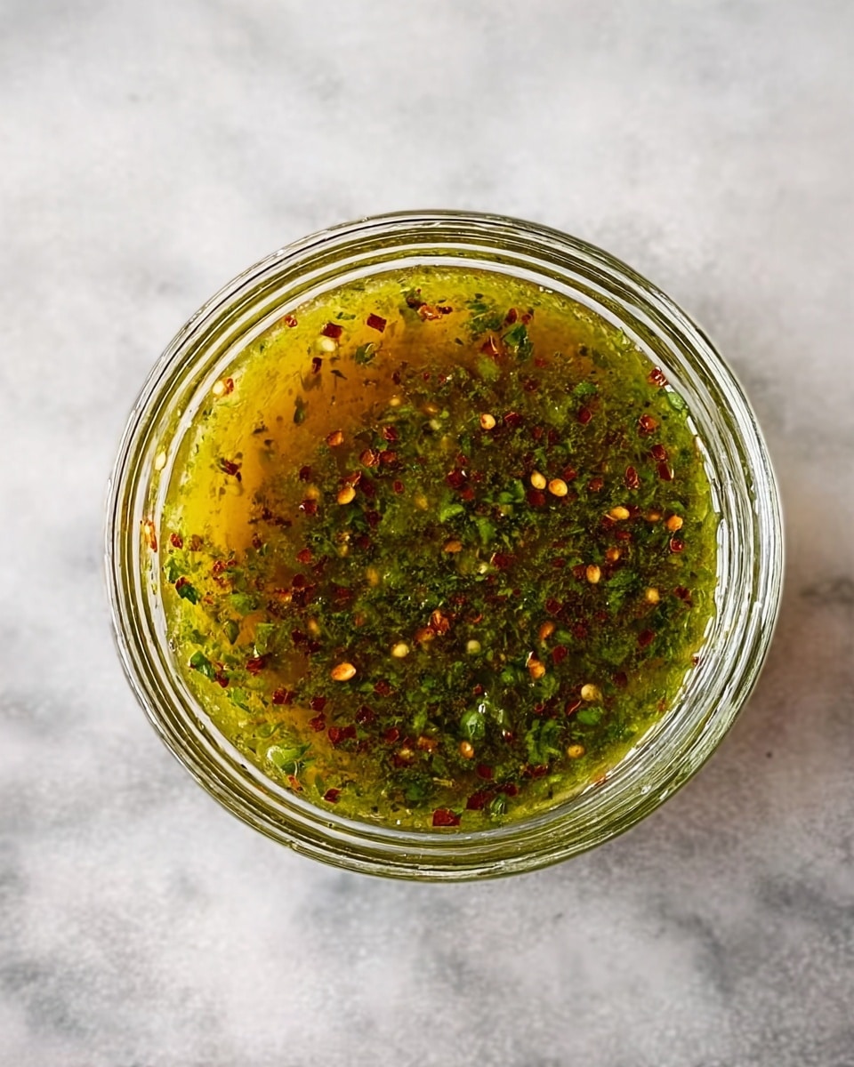 A clear glass bowl sits on a white marbled surface, filled with a single layer of green herb sauce that has a slightly thick liquid texture. The sauce is speckled with small red chili flakes and tiny green herb bits that float evenly throughout. The surface of the sauce glistens with a light shine, showing some oil droplets spread across. photo taken with an iphone --ar 4:5 --v 7