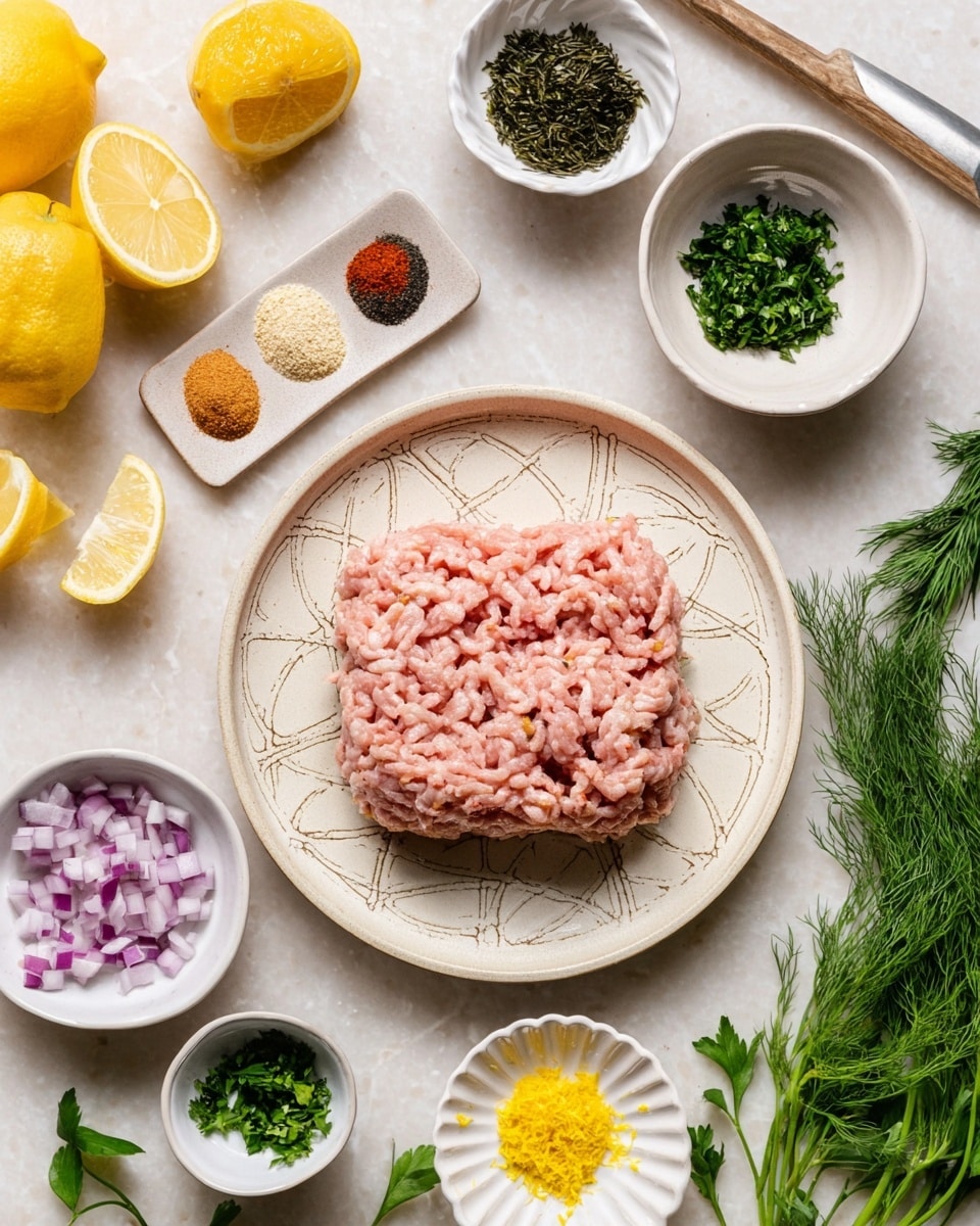 A white plate with a beige pattern in the center holds one layer of light pink ground meat with a soft, slightly textured surface. Surrounding it are six small white bowls each with different contents: chopped green herbs with a coarse texture in the top middle bowl, finely chopped dark green dill in the top right bowl, finely diced purple onion in a small scalloped white bowl on the bottom middle, and grated yellow zest in a small dark bowl to the right. On the top left, a white plate holds seven different powders and spices arranged in small mounds with colors ranging from light beige, red, black, and green. Cut lemons with bright yellow skin and juicy interiors are on the bottom left corner. Fresh green herb sprigs are scattered around on a white marbled textured surface. Photo taken with an iphone --ar 4:5 --v 7