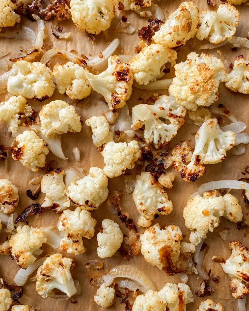 This image shows many pieces of roasted cauliflower spread out on a light brown baking sheet. The cauliflower pieces are small to medium size, with a pale yellow-white color and some brown crispy roasted edges. There are thin white onion slices scattered throughout, some slightly browned and soft. The cauliflower has a rough, bumpy texture with charred spots of dark brown, giving a roasted look. The background under the baking sheet has a white marbled texture. photo taken with an iphone --ar 4:5 --v 7
