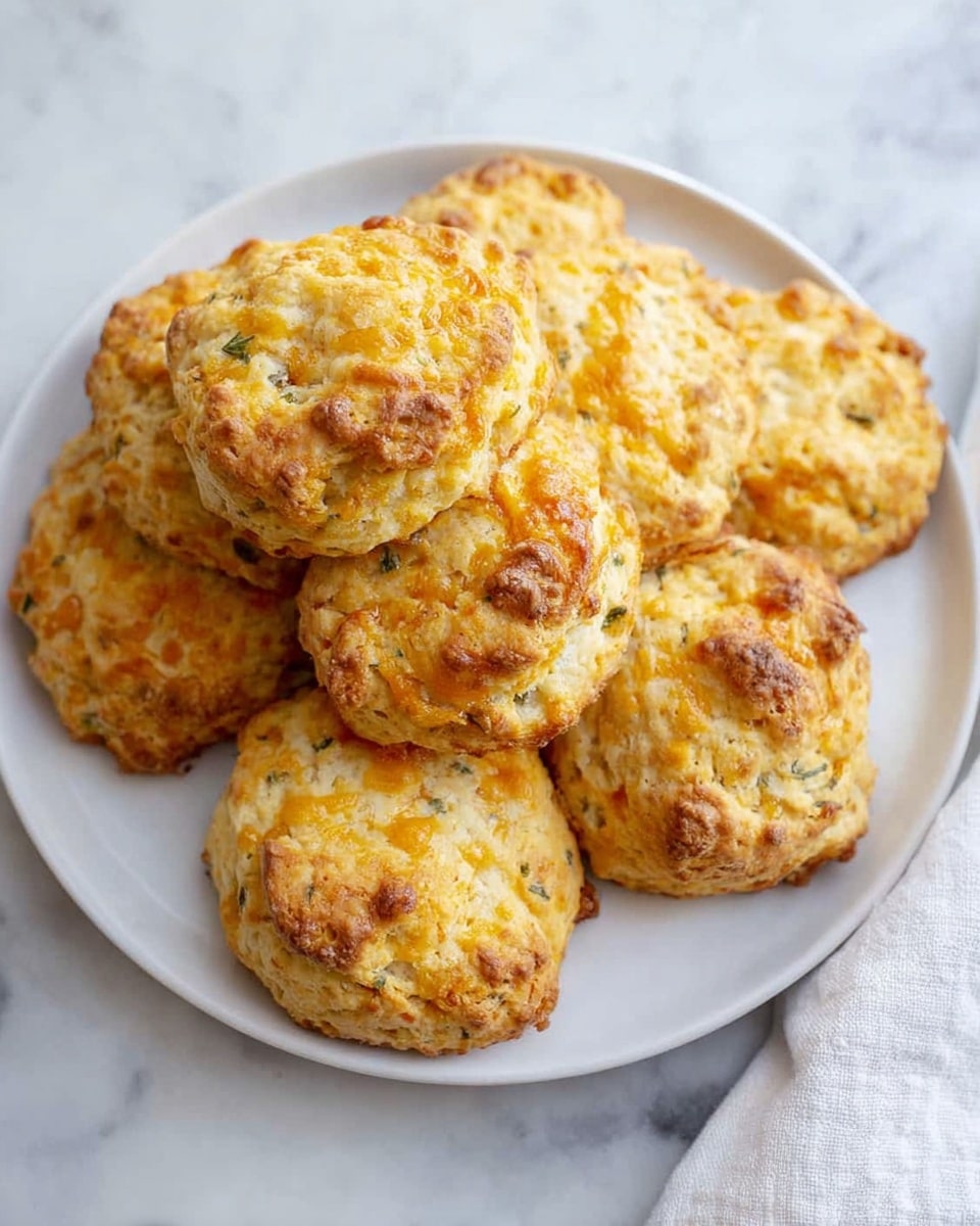 The image shows a white plate with six golden, rough-textured biscuits stacked in a loose pile. Each biscuit has a slightly uneven, crispy surface with hints of melted cheese and bits of herbs, adding yellow and green spots across the warm tan color. The biscuits have a rustic, homemade look with some edges darker and more browned. The plate sits on a white marbled surface, and part of a white cloth is visible on the right side. Photo taken with an iphone --ar 4:5 --v 7