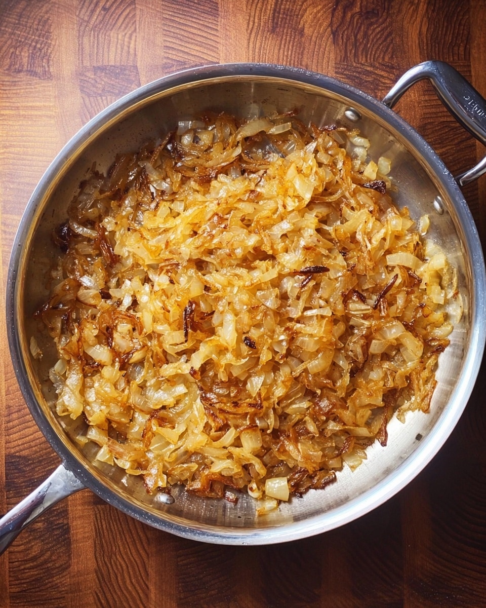 A top view of a silver metal pan with two handles, filled with caramelized onions. The onions are soft and golden brown in color, with some darker crispy edges. They have a slightly oily and shiny texture, spread evenly across the pan’s bottom. The pan is on a wooden surface with a visible grain pattern. photo taken with an iphone --ar 4:5 --v 7