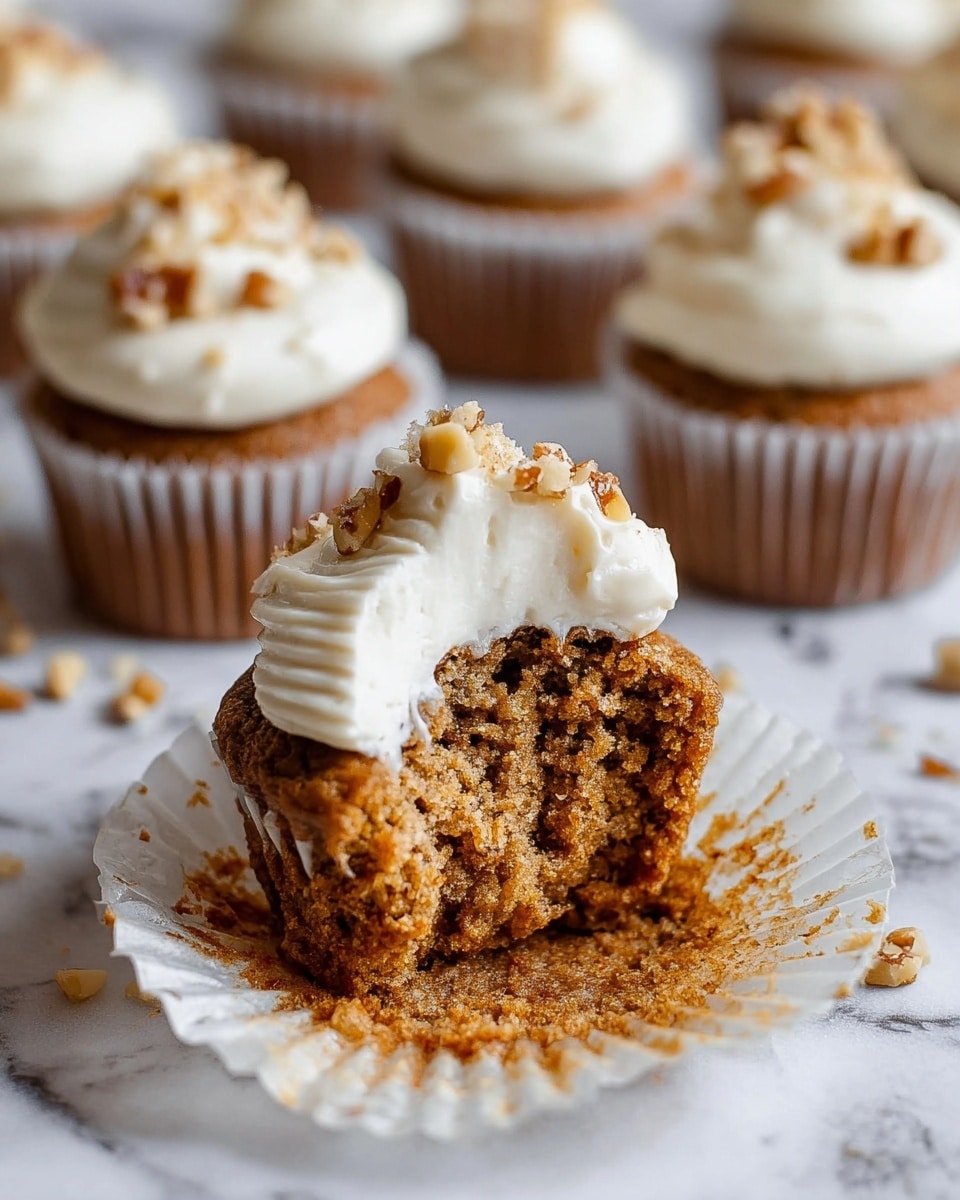 A close-up of a cupcake with a bite taken out of the front, showing a brown, moist, and slightly crumbly texture with bits of nuts inside. On top, there is a thick layer of white creamy frosting, swirled with a smooth texture, and sprinkled with small pieces of chopped nuts. The cupcake sits in an open white paper liner on a white marbled surface, with a few nut pieces scattered around. In the background, there are more similar cupcakes out of focus, all topped with the same white frosting and nut pieces. Photo taken with an iphone --ar 4:5 --v 7