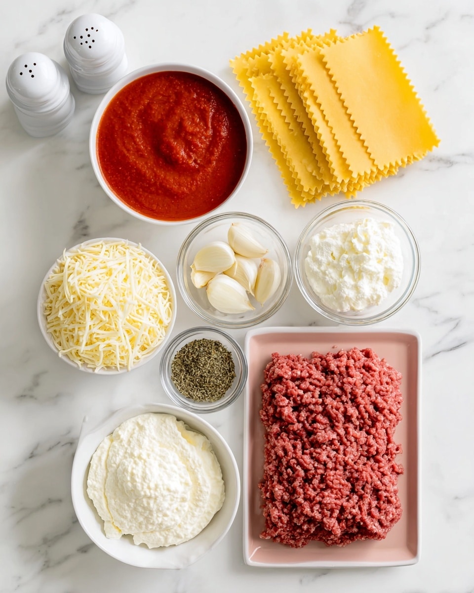 a top down, flat lay shot of ingredients for making lasagna arranged on a white marble background. the ingredients include a bowl of red marinara sauce, a bowl of shredded mozzarella cheese, a bowl of ricotta cheese, a bowl of grated parmesan, a small glass bowl of dried italian herbs, two garlic cloves, raw ground beef on a light pink tray, several dry lasagna noodles, and white salt and pepper shakers in the top left corner. Photo taken with an iphone --ar 4:5 --v 7