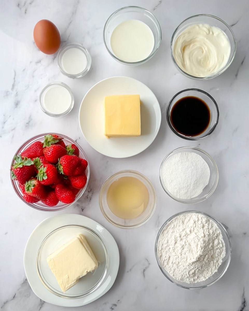 The image shows various ingredients arranged neatly on a white marbled surface. There is one brown egg at the top left, next to a glass bowl filled with cream, and a small white bowl with a dark liquid on the right. A white plate in the middle holds a square piece of yellow butter. Nearby, a clear bowl is full of bright red strawberries with green tops. Below, on the left, a white plate holds a block of cream cheese. Multiple small glass bowls contain white sugar, milk, light golden honey, and white flour, each displaying smooth and fine textures. All the items are clearly separated and carefully placed. photo taken with an iphone --ar 4:5 --v 7