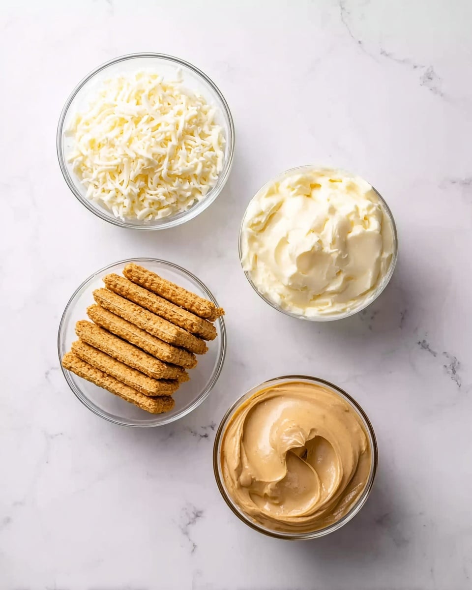 The image shows four clear glass bowls on a white marbled surface. The top bowl contains shredded white cheese with a soft texture, the bowl on the left holds rectangular golden brown biscuits stacked neatly, the bowl on the right is filled with a smooth pale yellow cream, and the bottom bowl has a creamy light brown spread with a thick texture. photo taken with an iphone --ar 4:5 --v 7