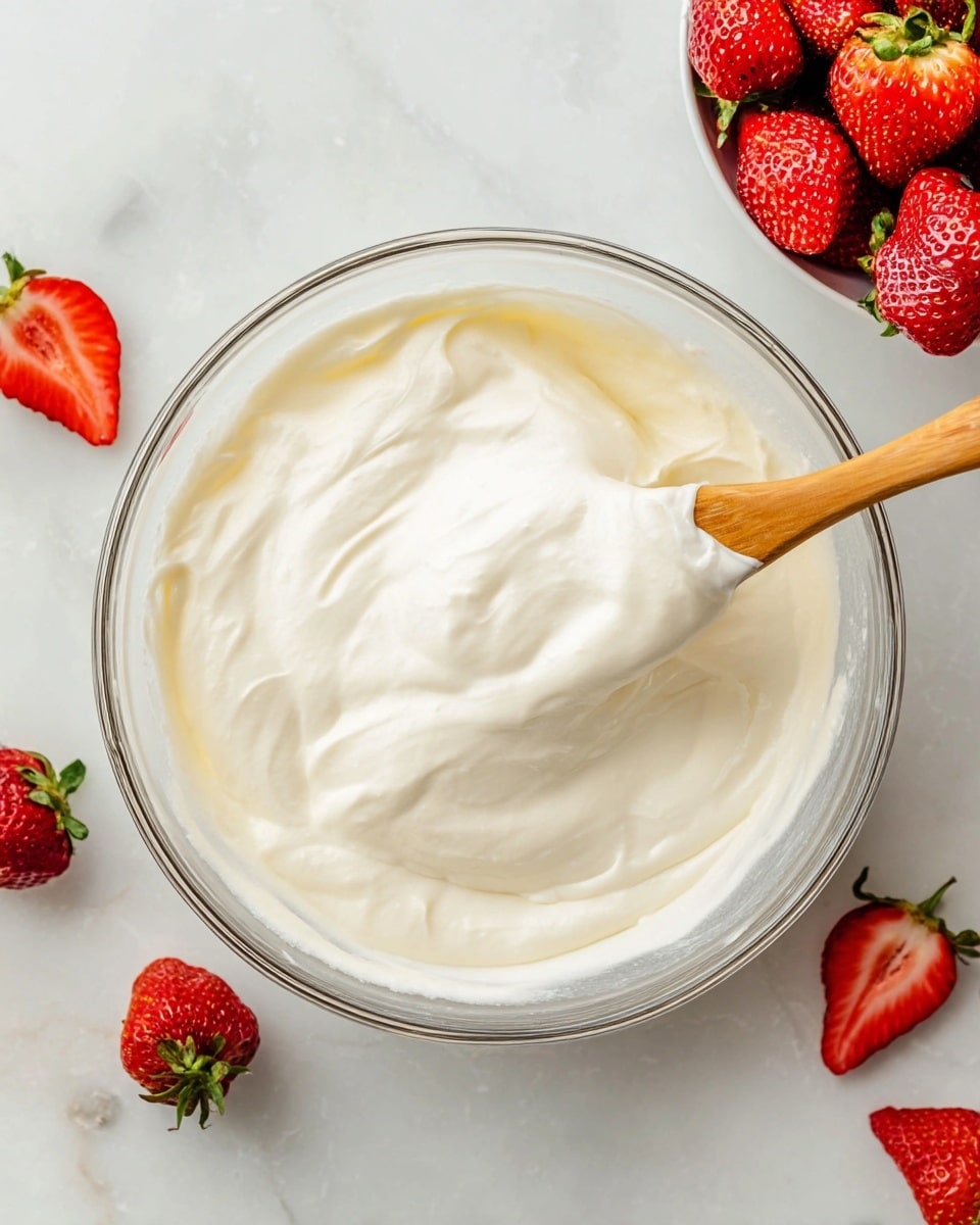 A clear glass bowl filled with one smooth, creamy, white layer of thick whipped mixture, being stirred by a wooden spatula partially dipped inside. Around the bowl, there are bright red strawberries with green leaves, some whole and some sliced, placed on a white marbled texture. At the top right corner, a white bowl is filled with more fresh strawberries. The overall image shows a fresh and light dessert preparation scene. photo taken with an iphone --ar 4:5 --v 7