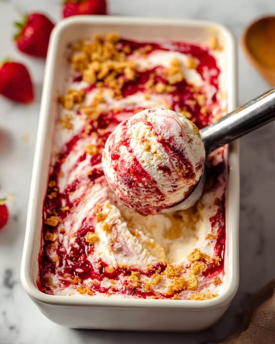 A rectangular white container filled with a creamy white ice cream base swirled with bright red strawberry sauce and golden brown crunchy bits on top. A metal ice cream scoop is lifting a round serving from the container, showing the textured mix of white, red, and golden layers inside the scoop. The container is placed on a white marbled surface with some whole strawberries blurred in the background. Photo taken with an iphone --ar 4:5 --v 7