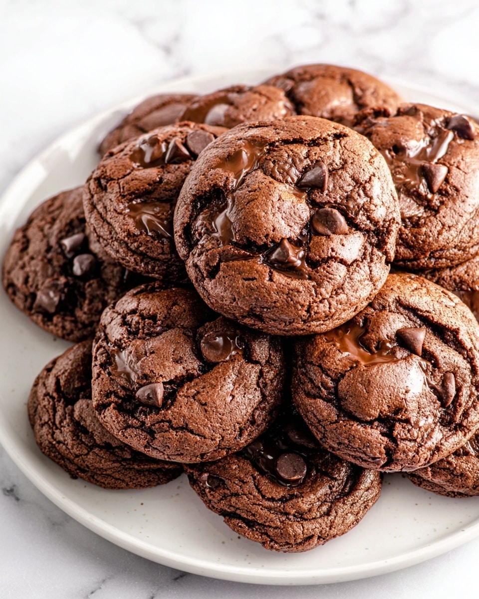 A white plate sits on a white marbled surface, piled high with about ten thick, soft-looking chocolate cookies. Each cookie is round but uneven with a cracked texture on top, showing rich dark brown color with melted chocolate chips partly sunk into the surface. The cookies overlap each other, stacked loosely in a casual arrangement. The light highlights the glossy shine on the melted chocolate spots, making the cookies appear warm and fresh. photo taken with an iphone --ar 4:5 --v 7