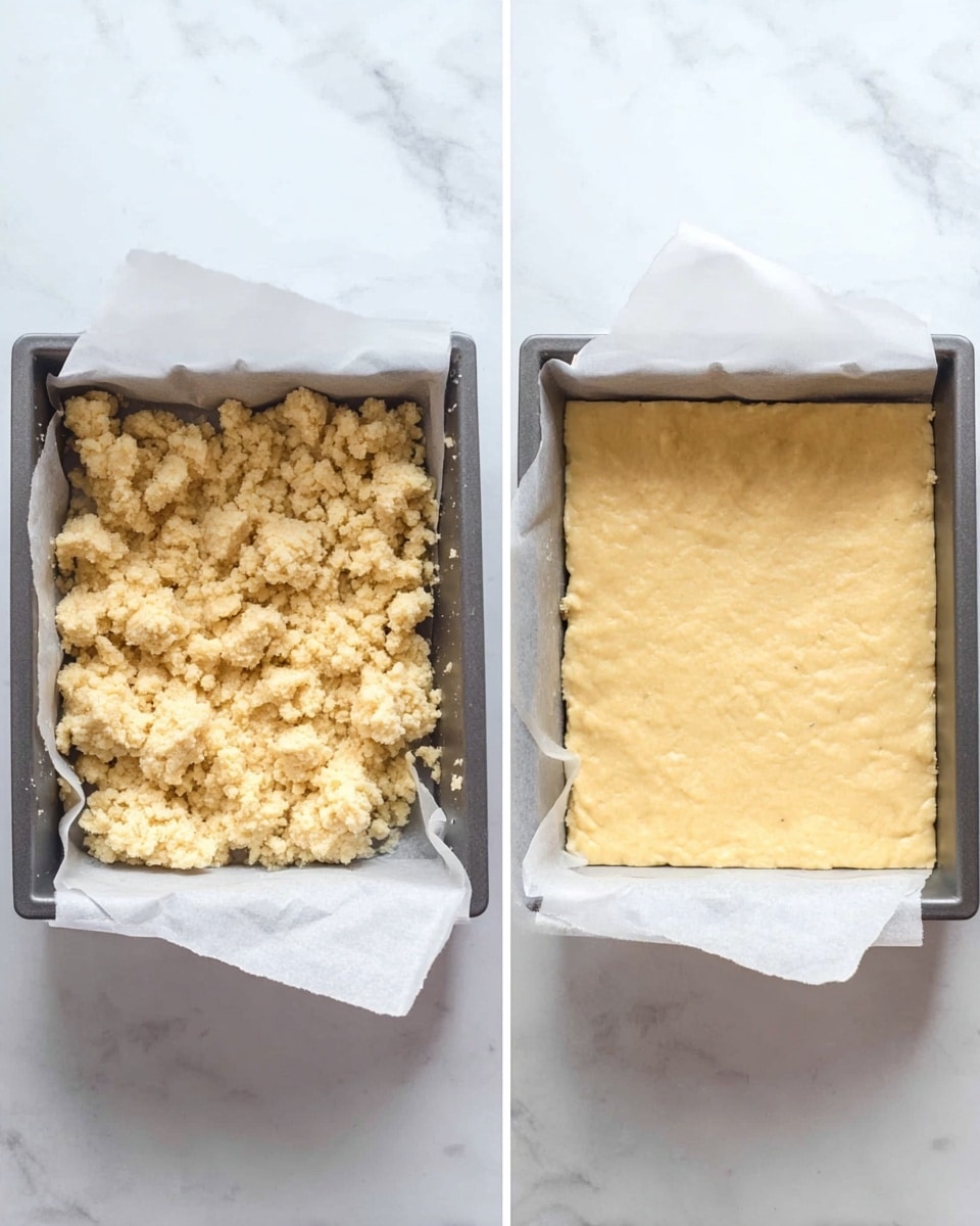 The image shows two side-by-side photos of a square metal baking pan lined with white parchment paper on a white marbled surface. On the left side, the pan contains uneven, crumbly pieces of pale yellow dough scattered loosely with rough texture. On the right side, the same dough has been pressed down evenly with a smooth surface covering the entire pan, forming a solid, flat layer in the same pale yellow color. Photo taken with an iphone --ar 4:5 --v 7